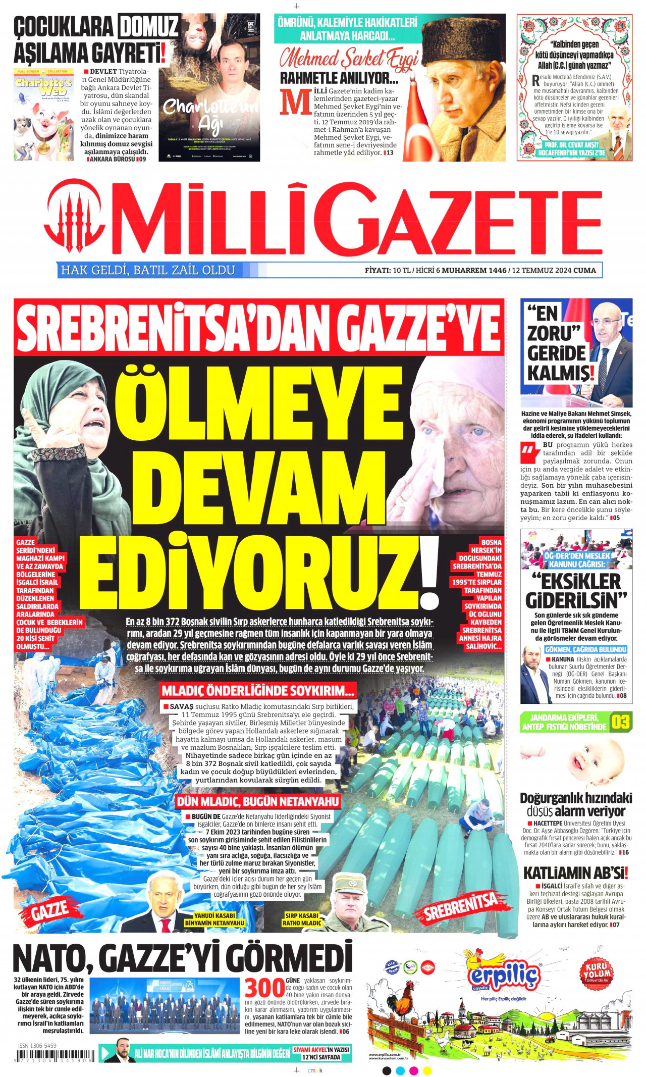 MİLLİ GAZETE gazetesinin 12 Temmuz 2024 tarihli birinci sayfası