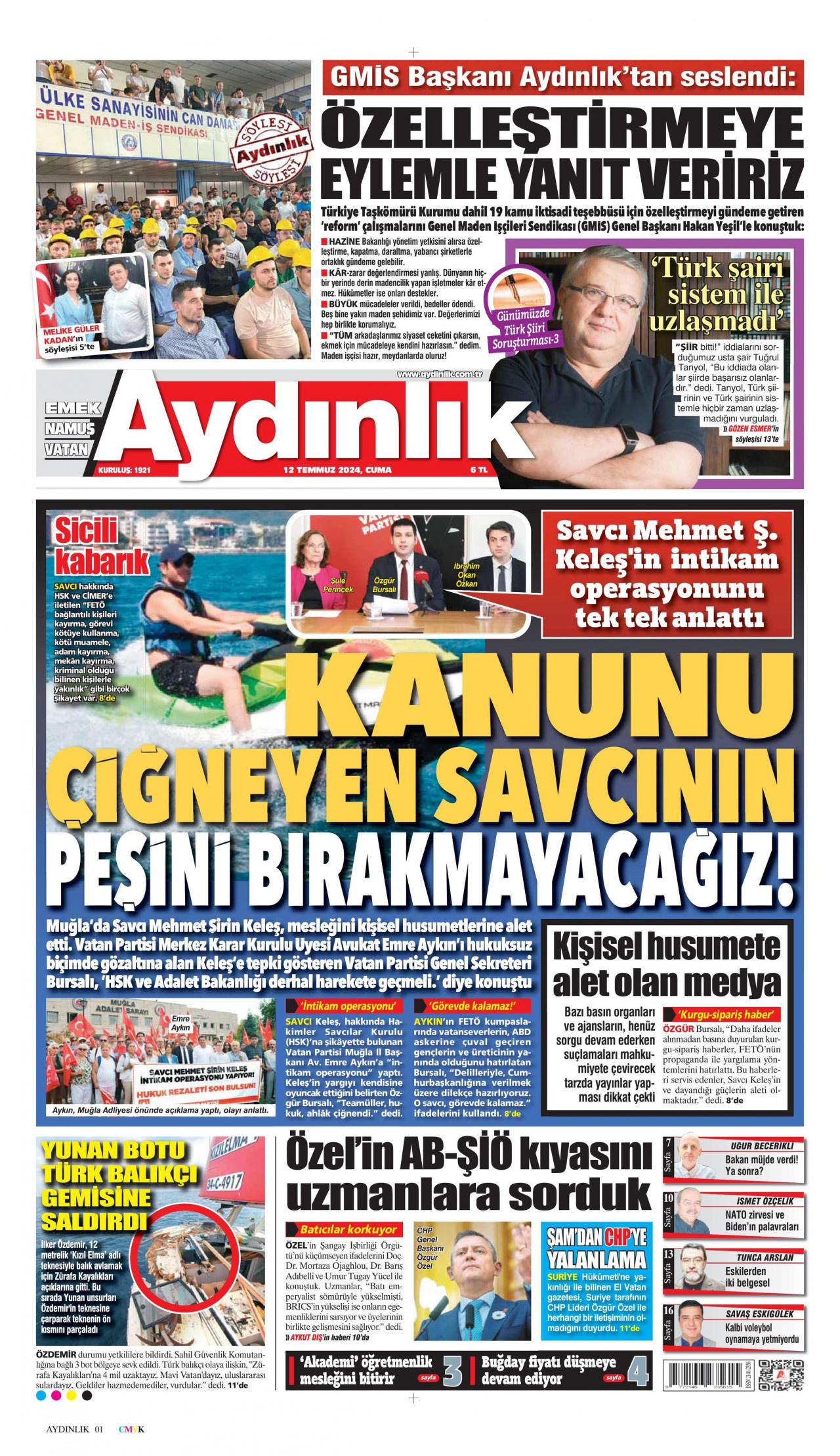 AYDINLIK GAZETESİ gazetesinin 12 Temmuz 2024 tarihli birinci sayfası