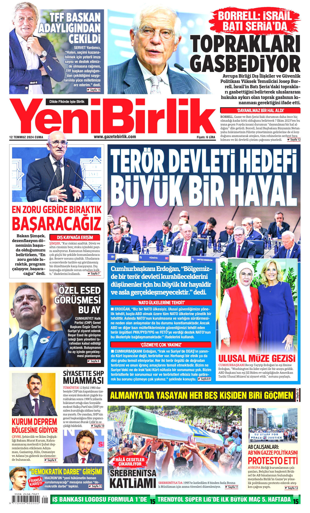 YENİBİRLİK gazetesinin 12 Temmuz 2024 tarihli birinci sayfası