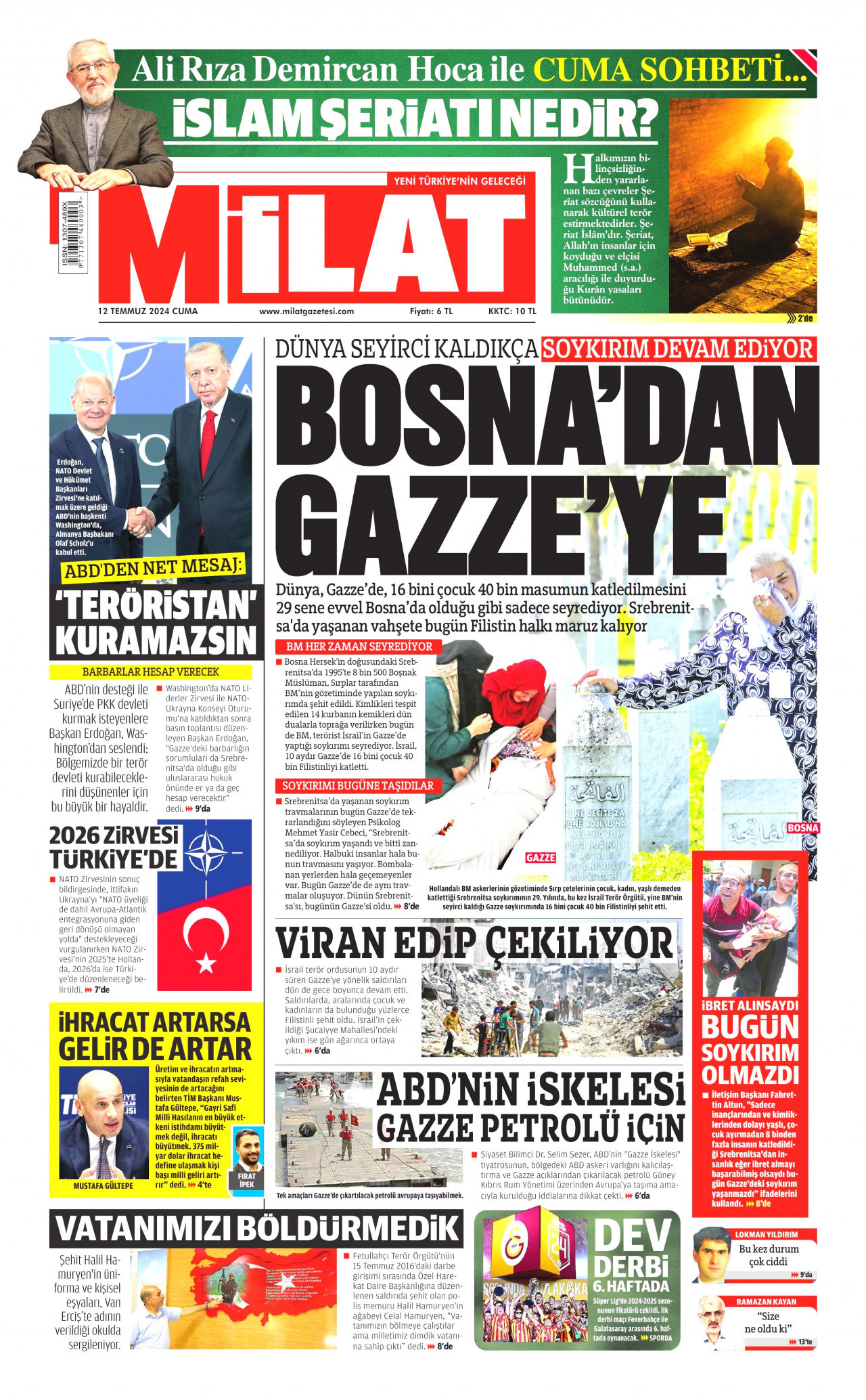 MİLAT gazetesinin 12 Temmuz 2024 tarihli birinci sayfası