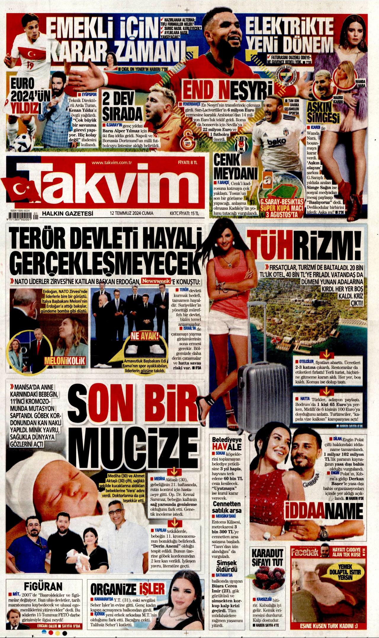 TAKVİM gazetesinin 12 Temmuz 2024 tarihli birinci sayfası