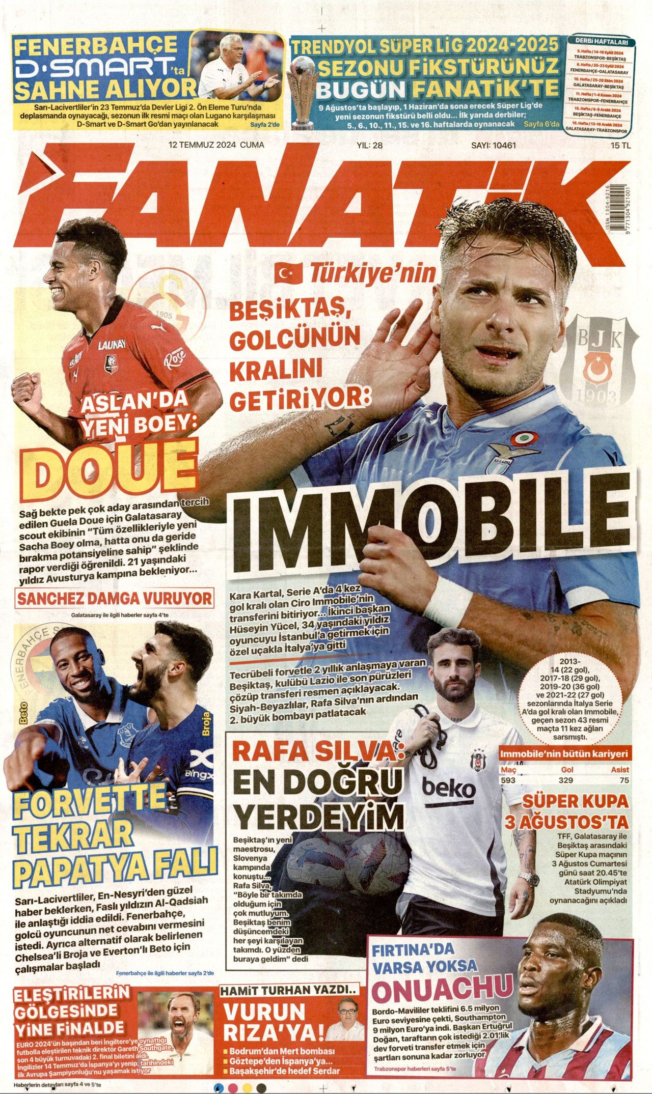FANATİK gazetesinin 12 Temmuz 2024 tarihli birinci sayfası