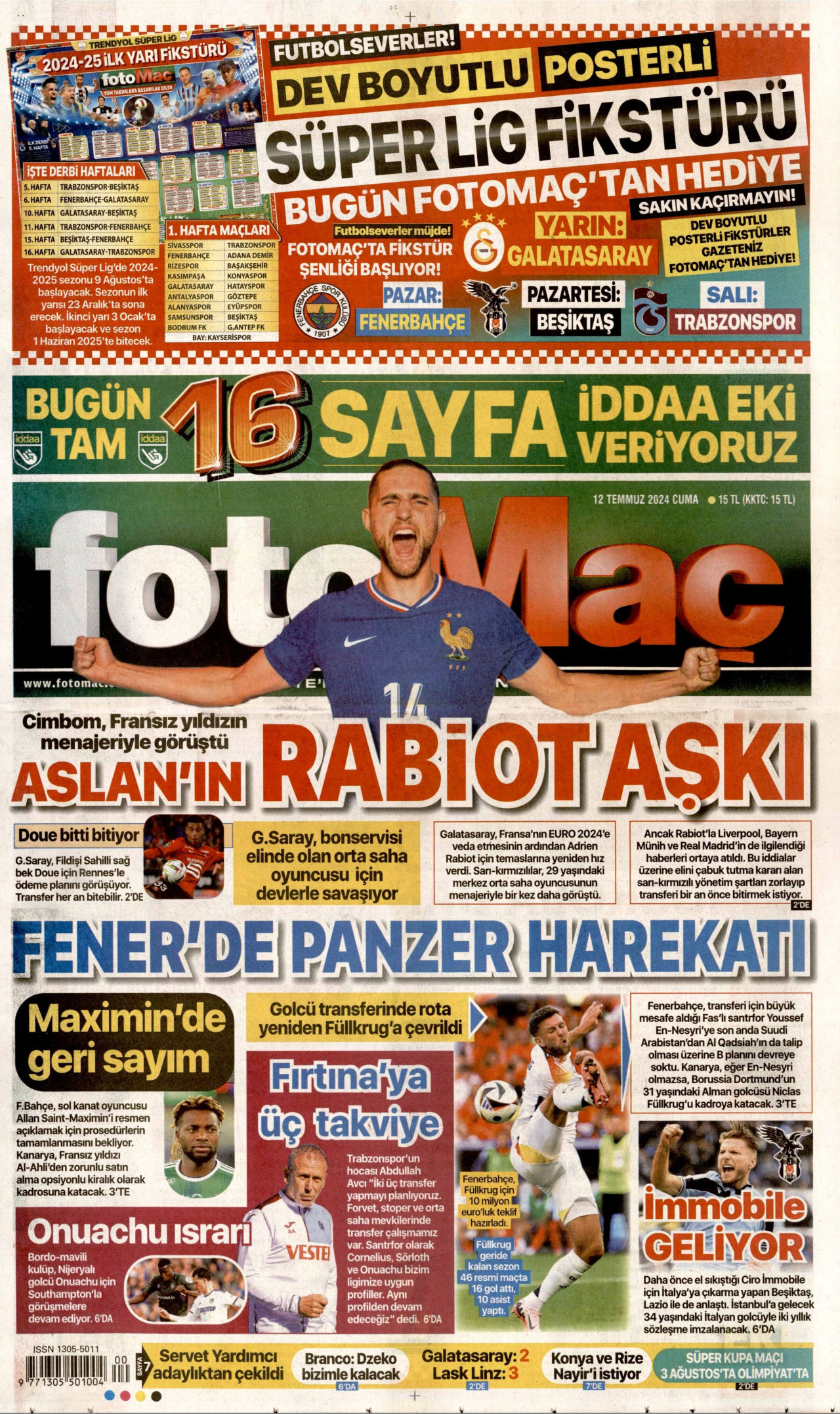 FOTOMAÇ gazetesinin 12 Temmuz 2024 tarihli birinci sayfası