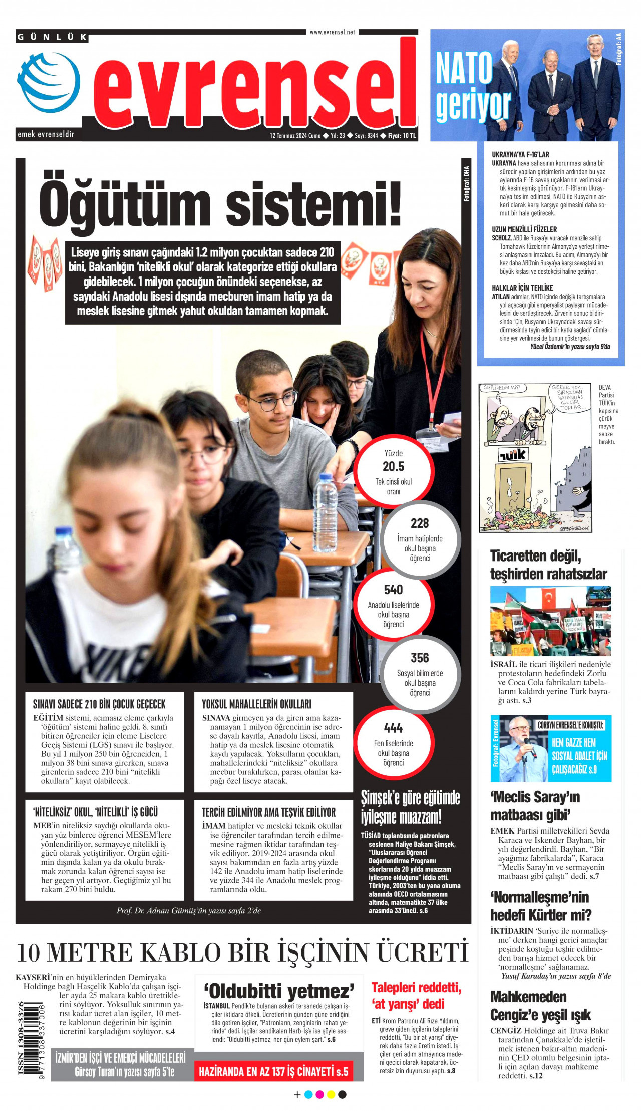 EVRENSEL gazetesinin 12 Temmuz 2024 tarihli birinci sayfası
