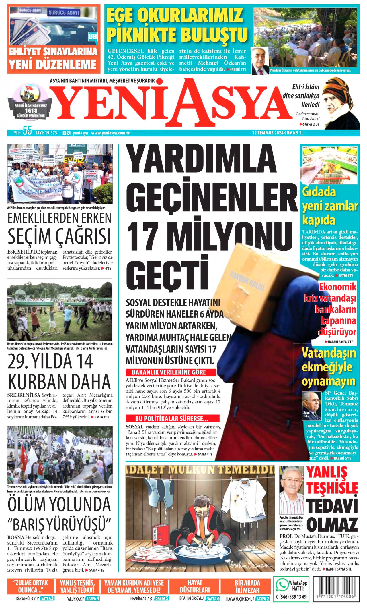 YENİ ASYA gazetesinin 12 Temmuz 2024 tarihli birinci sayfası