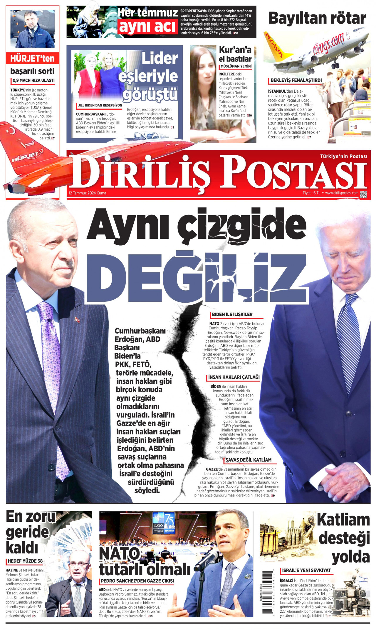 DİRİLİŞ POSTASI gazetesinin 12 Temmuz 2024 tarihli birinci sayfası