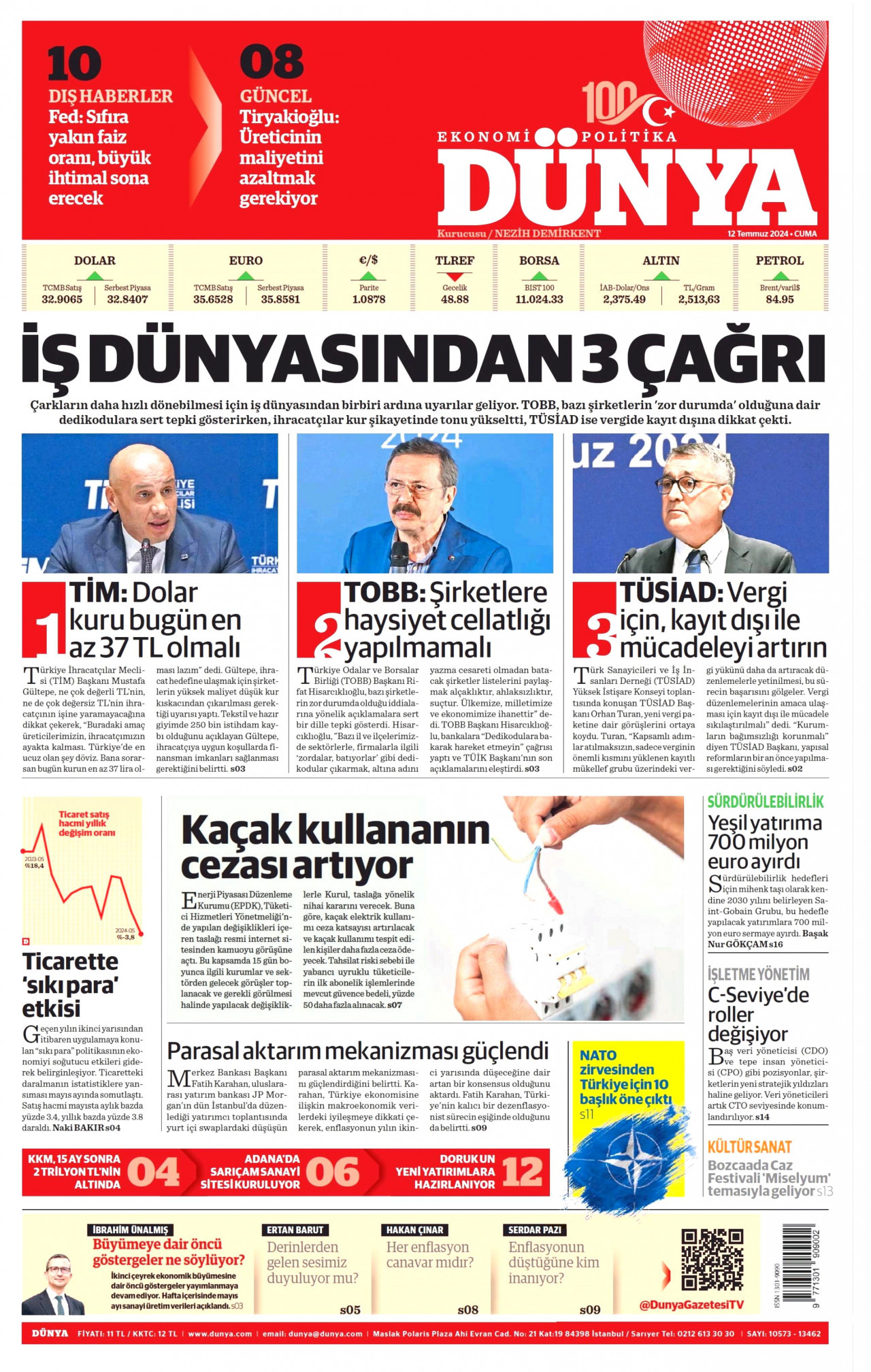 DÜNYA gazetesinin 12 Temmuz 2024 tarihli birinci sayfası