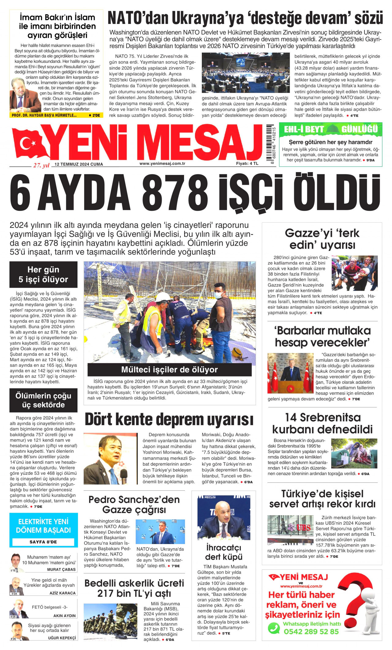 YENİ MESAJ gazetesinin 12 Temmuz 2024 tarihli birinci sayfası