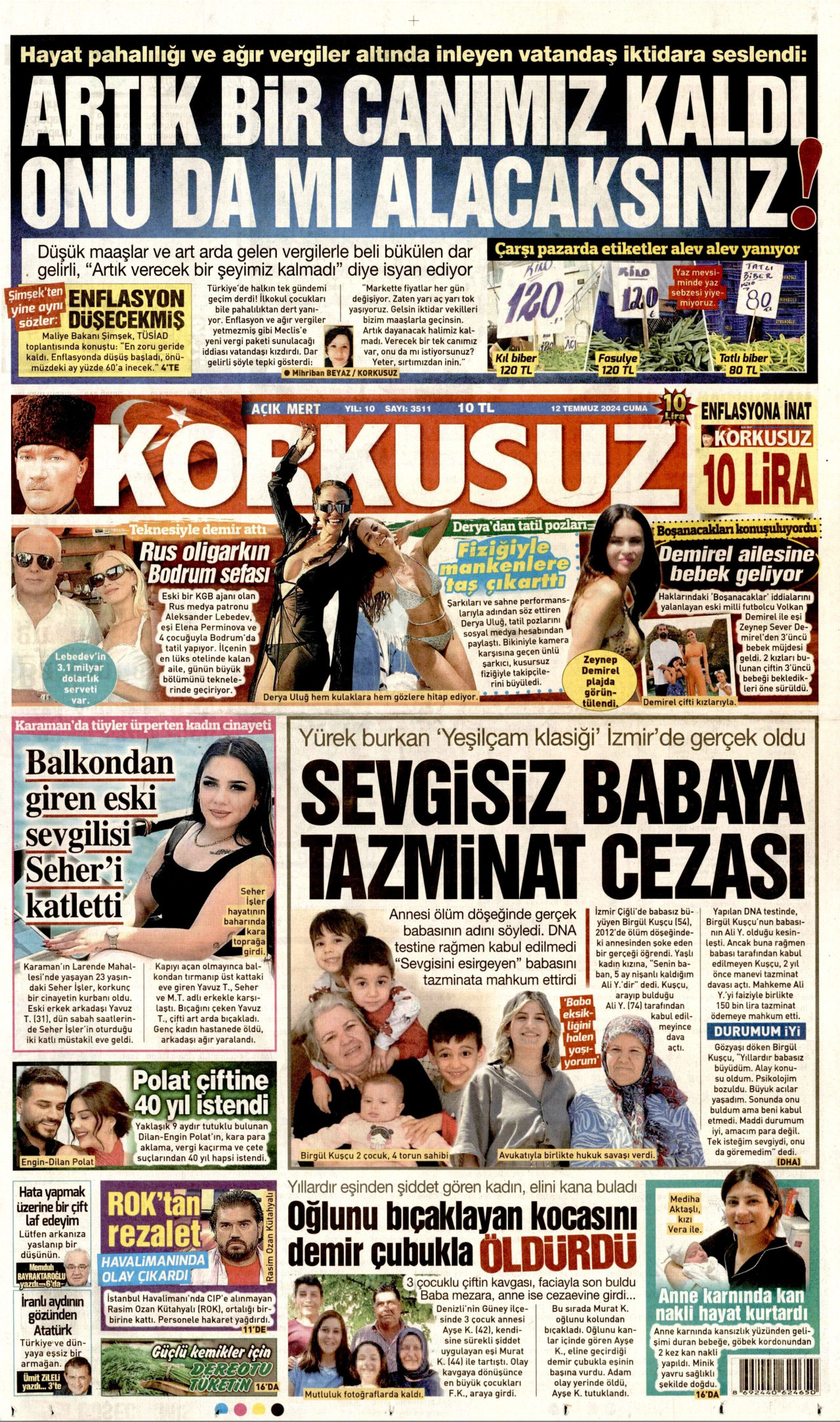 KORKUSUZ gazetesinin 12 Temmuz 2024 tarihli birinci sayfası