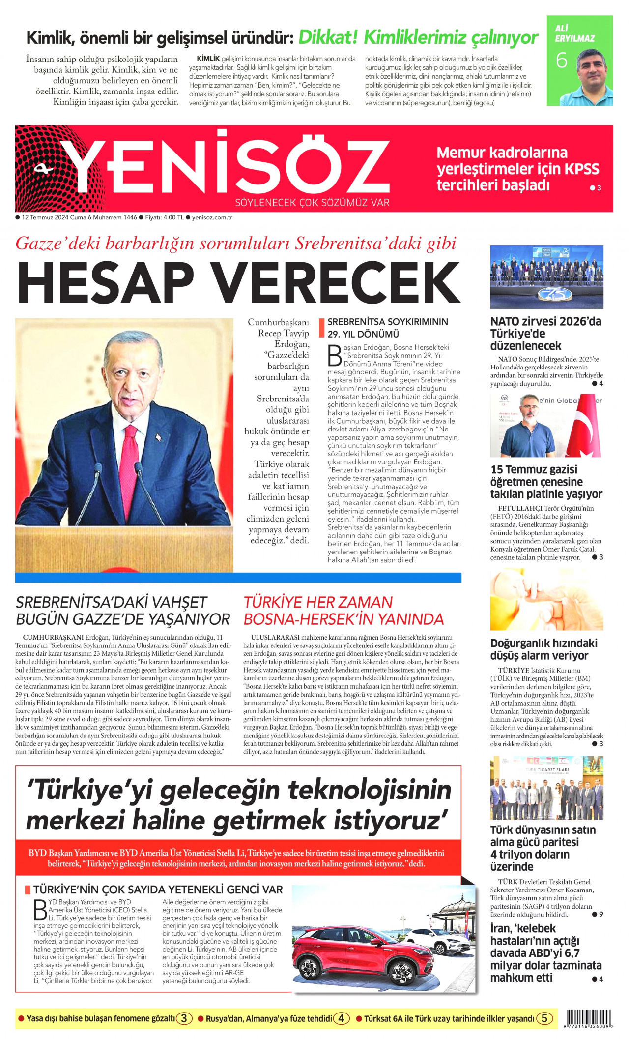 YENİ SÖZ GAZETESİ gazetesinin 12 Temmuz 2024 tarihli birinci sayfası