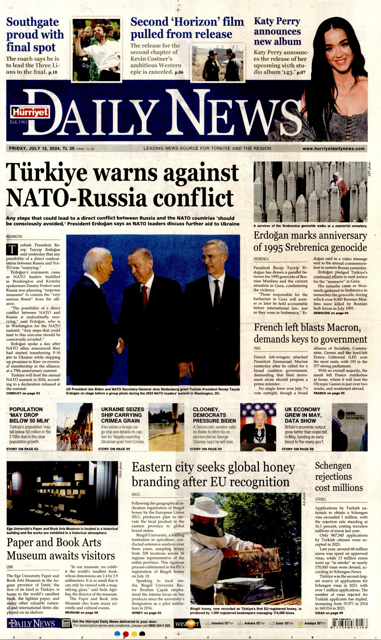 HÜRRİYET DAİLY NEWS gazetesinin 12 Temmuz 2024 tarihli birinci sayfası