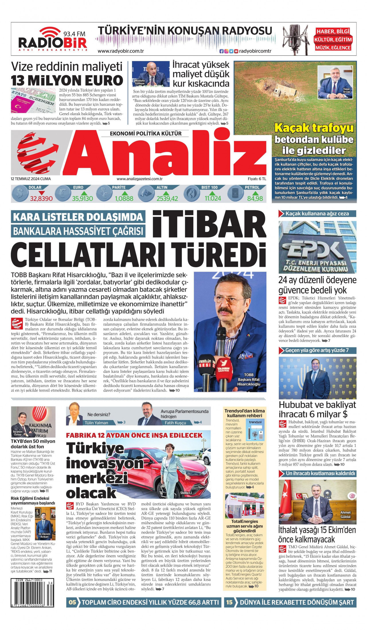 ANALİZ gazetesinin 12 Temmuz 2024 tarihli birinci sayfası