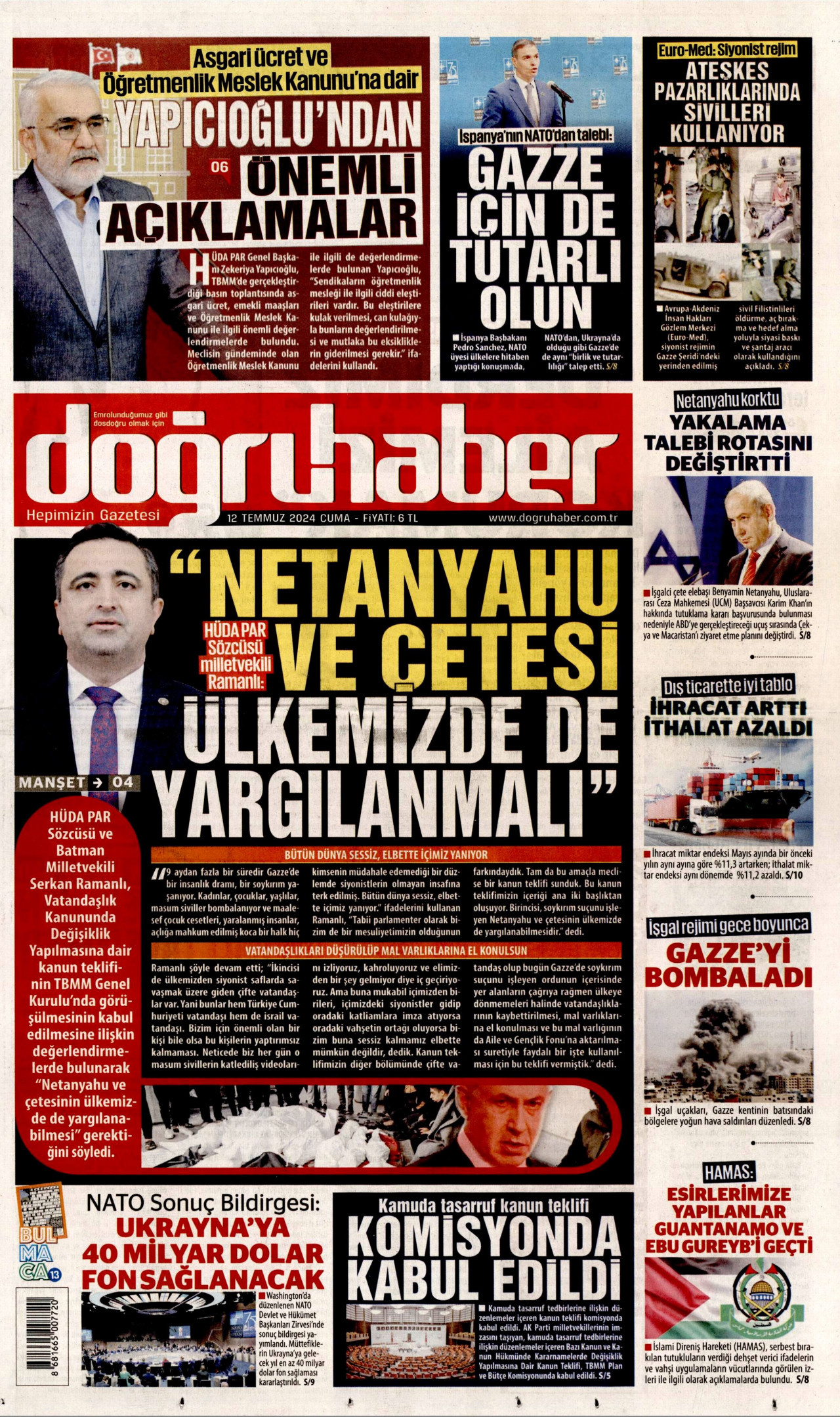 DOĞRU HABER gazetesinin 12 Temmuz 2024 tarihli birinci sayfası