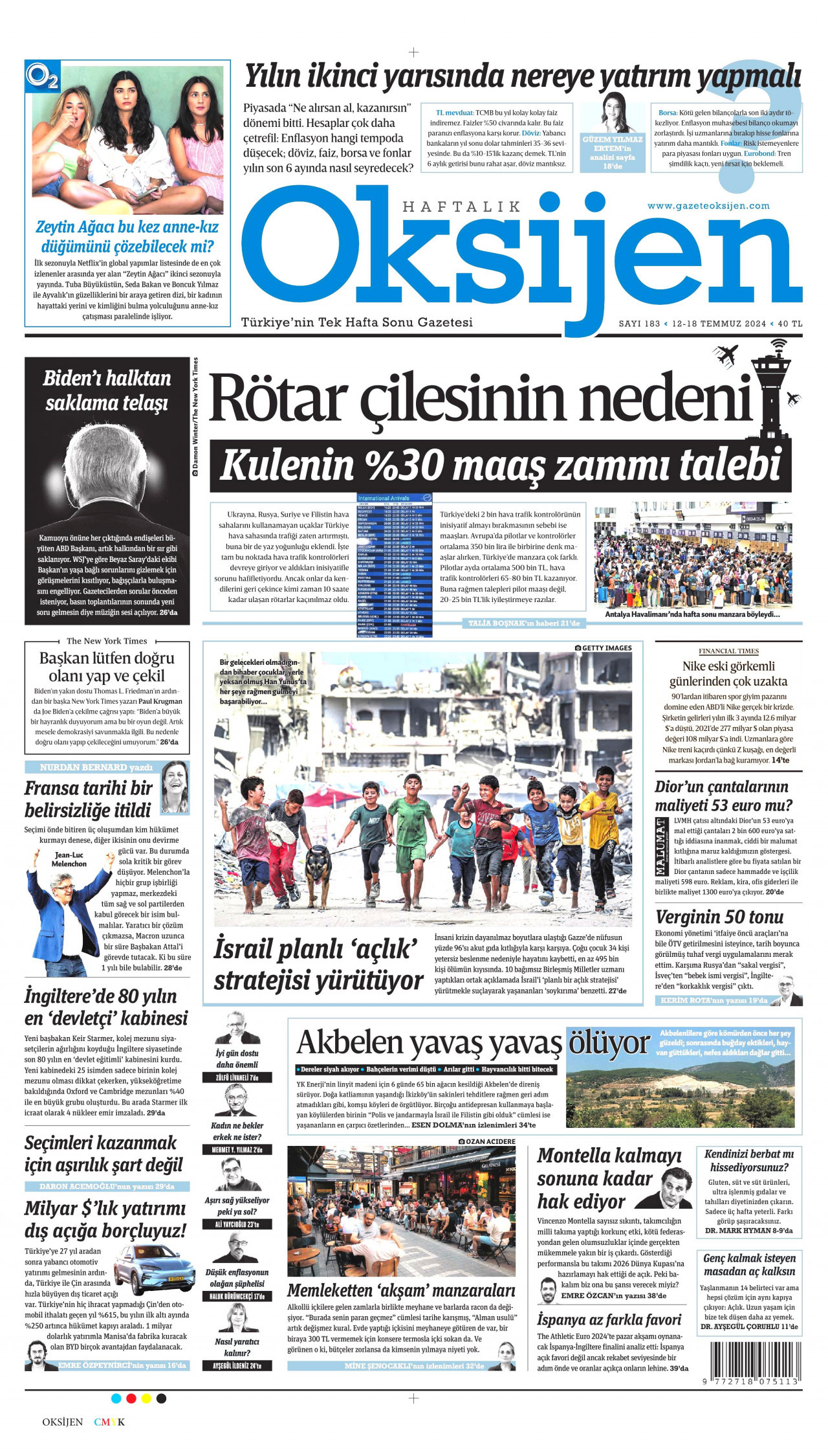OKSİJEN gazetesinin 12 Temmuz 2024 tarihli birinci sayfası