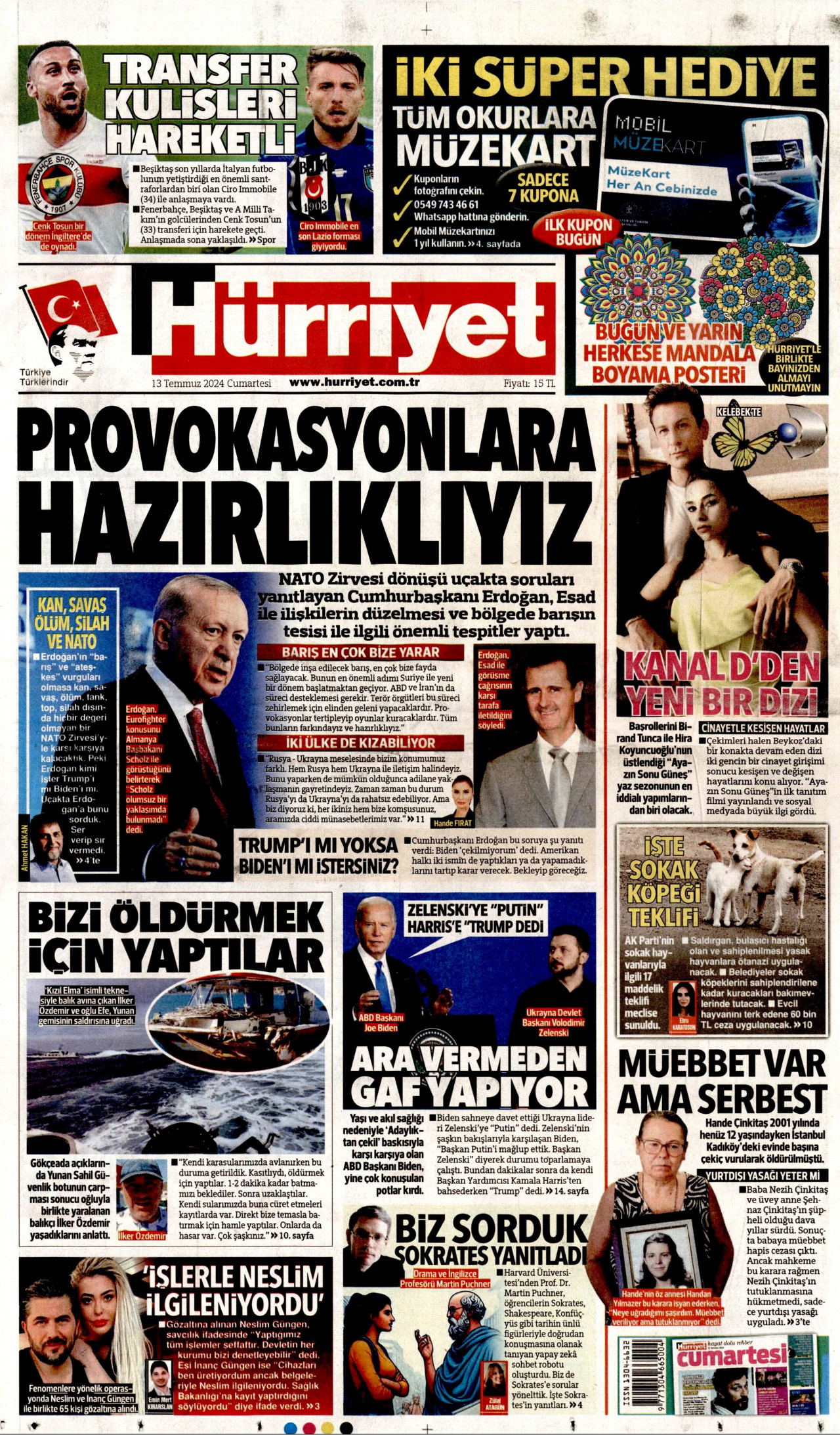 HÜRRİYET gazetesinin 13 Temmuz 2024 tarihli birinci sayfası