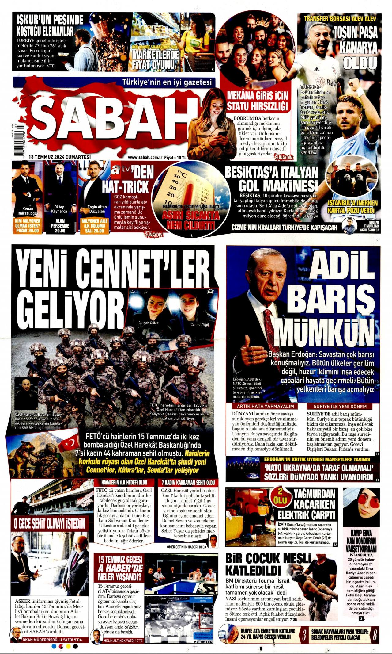 SABAH gazetesinin 13 Temmuz 2024 tarihli birinci sayfası
