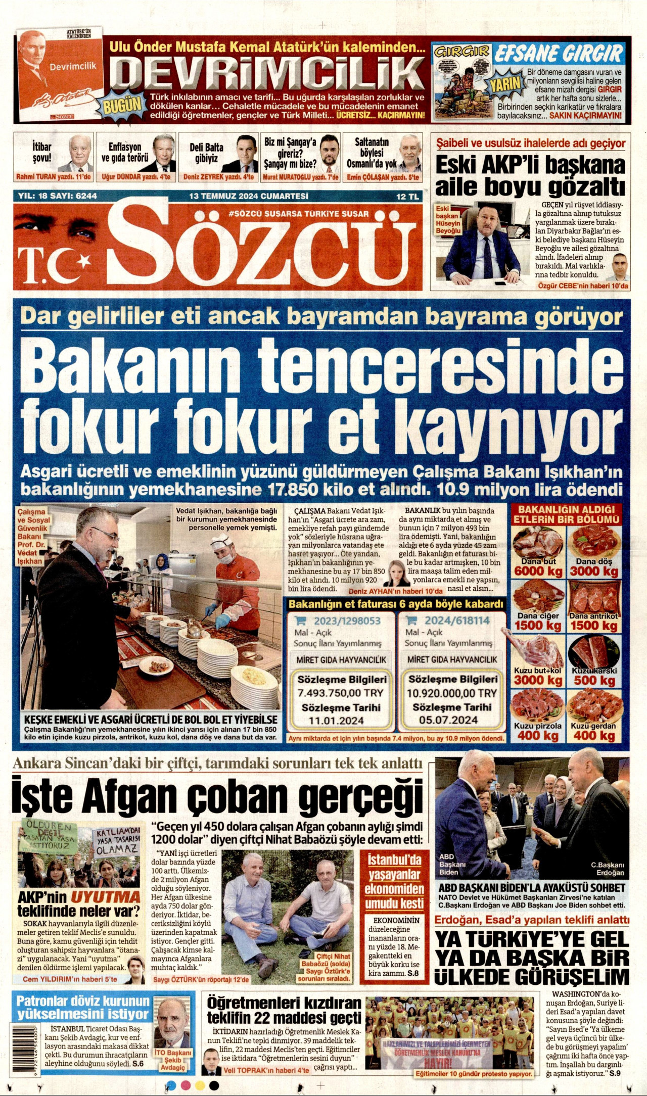 SÖZCÜ gazetesinin 13 Temmuz 2024 tarihli birinci sayfası