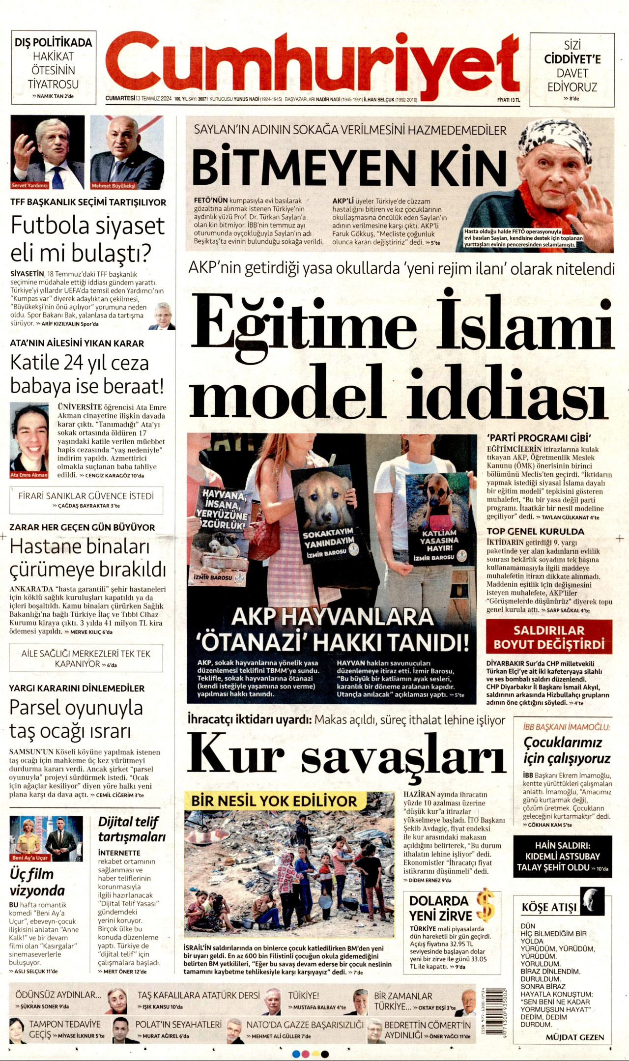 CUMHURİYET gazetesinin 13 Temmuz 2024 tarihli birinci sayfası