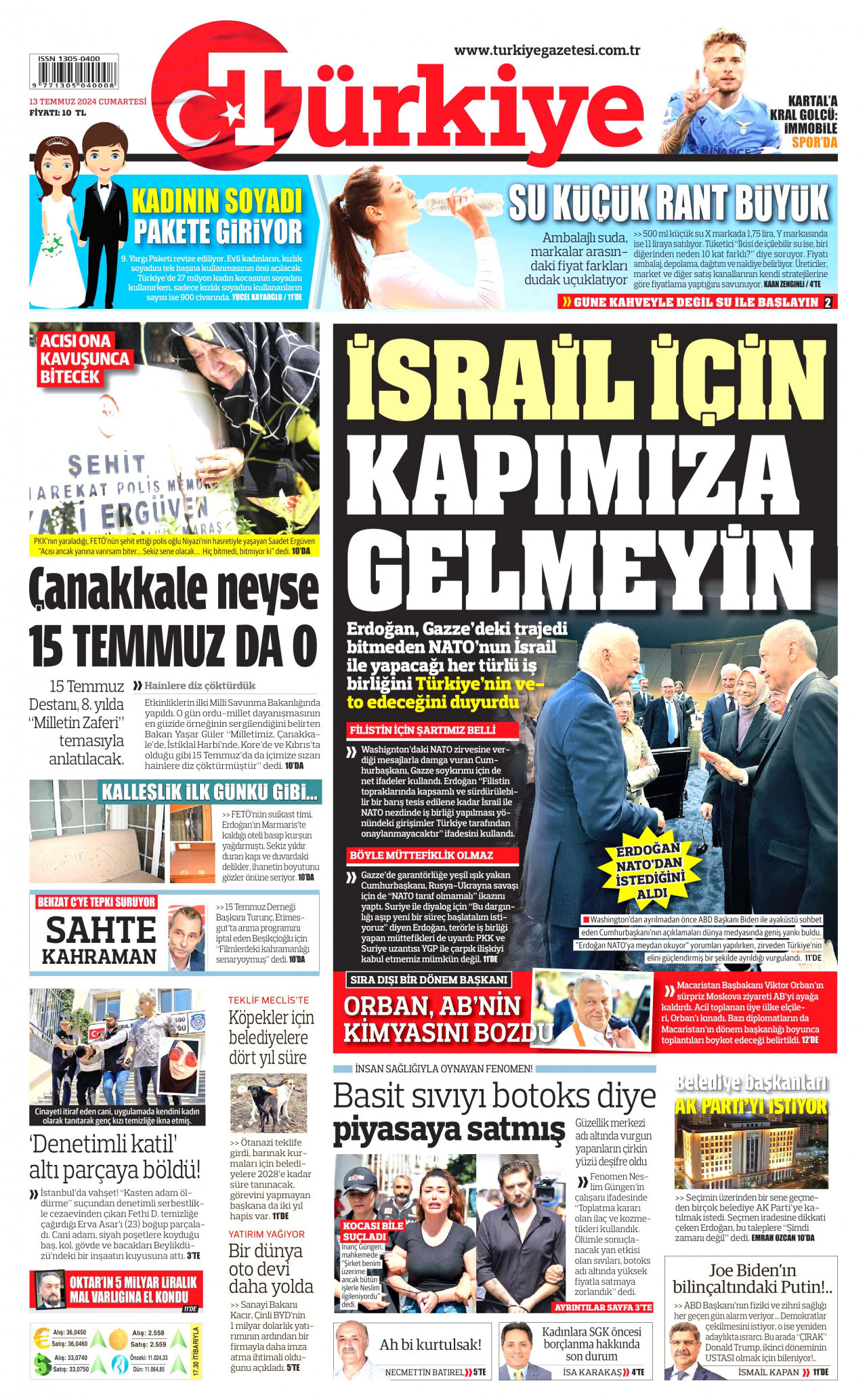 TÜRKİYE GAZETESİ gazetesinin 13 Temmuz 2024 tarihli birinci sayfası