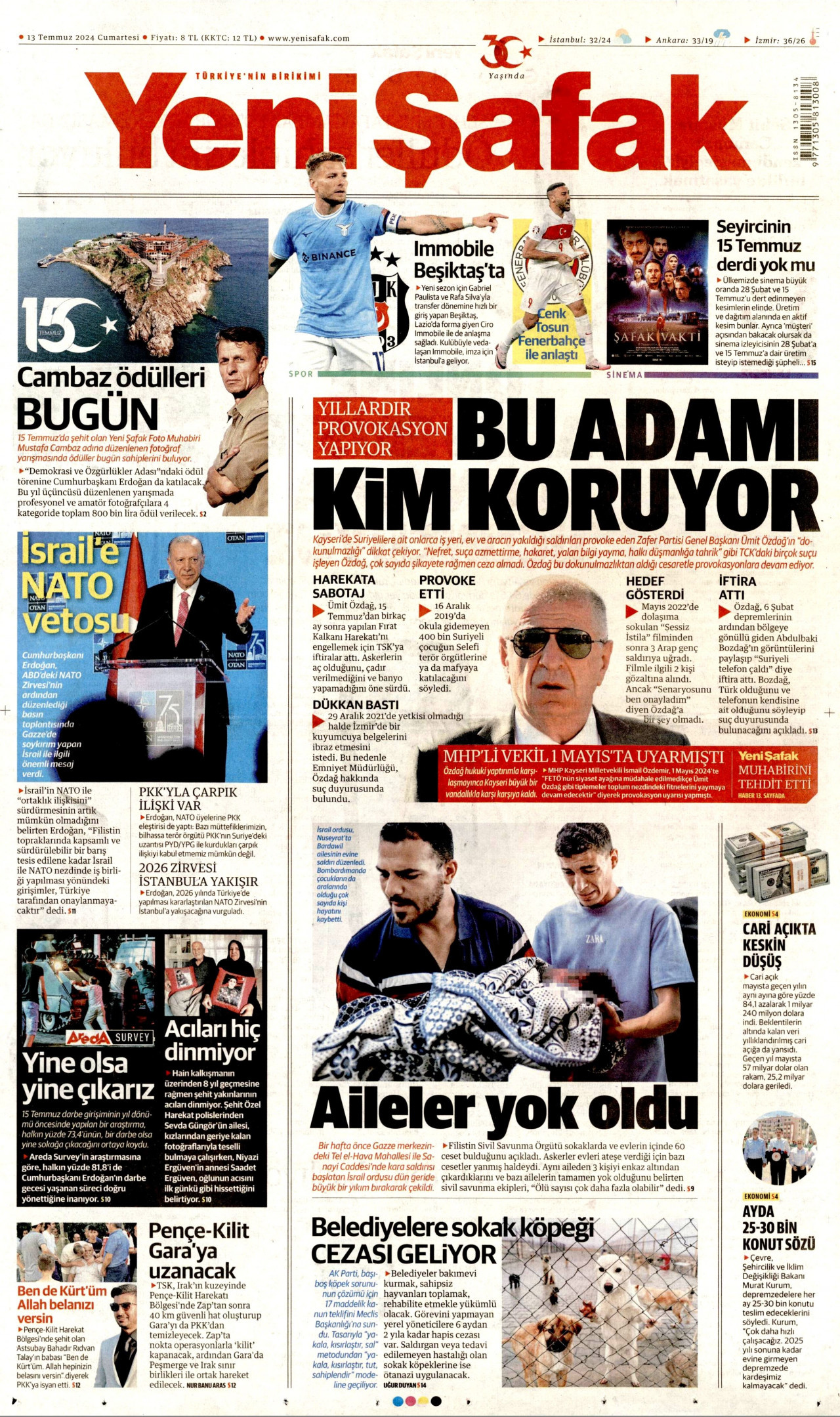 YENİ ŞAFAK gazetesinin 13 Temmuz 2024 tarihli birinci sayfası