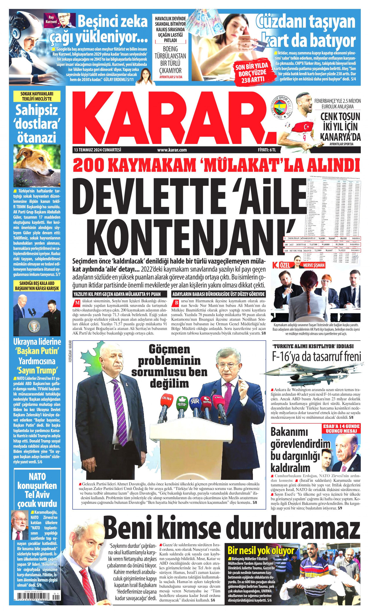 KARAR gazetesinin 13 Temmuz 2024 tarihli birinci sayfası