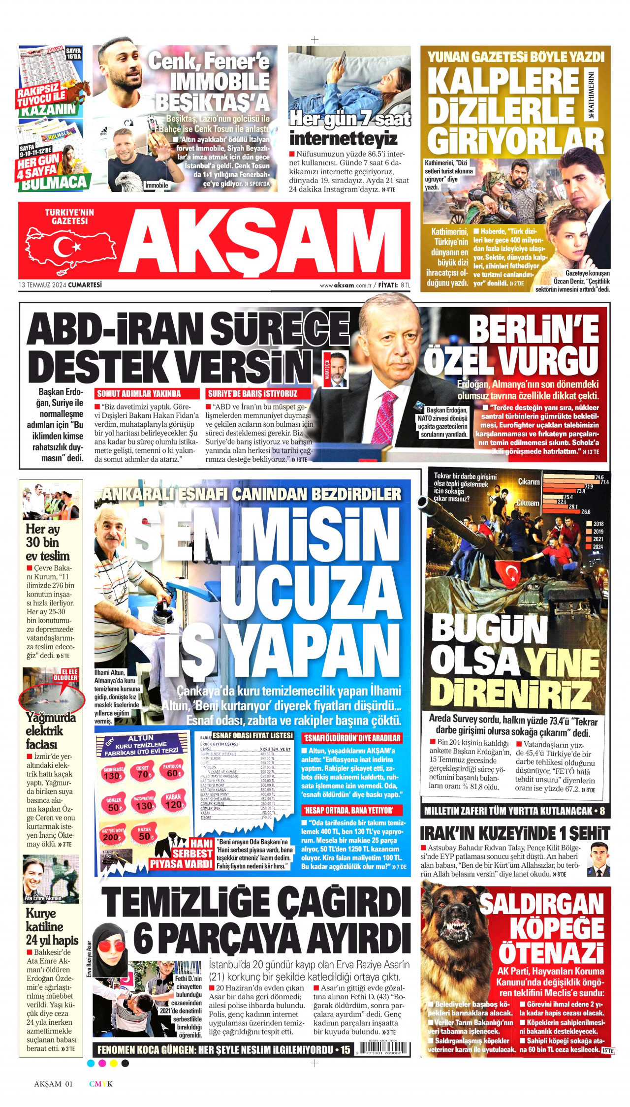 AKŞAM gazetesinin 13 Temmuz 2024 tarihli birinci sayfası