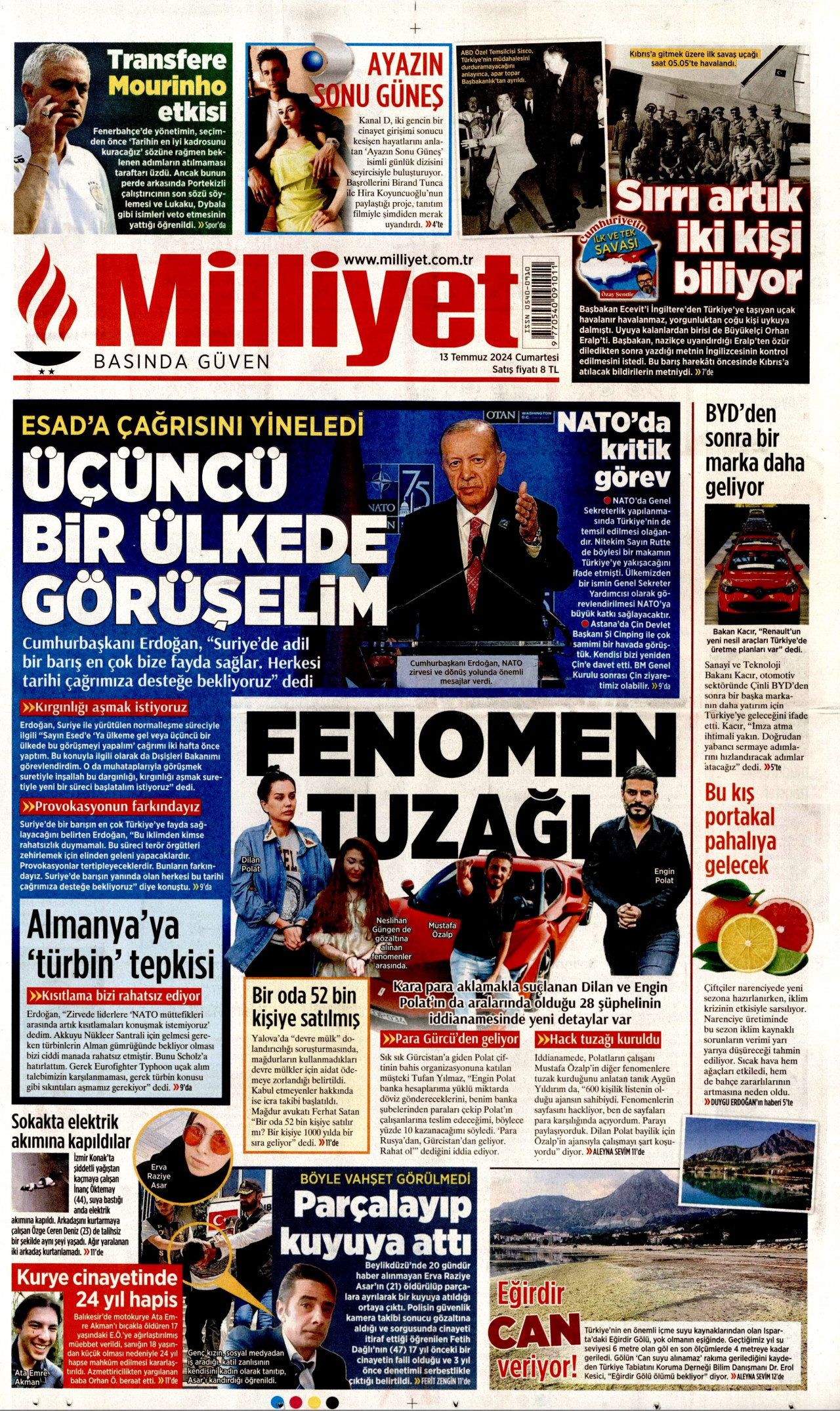 MİLLİYET gazetesinin 13 Temmuz 2024 tarihli birinci sayfası