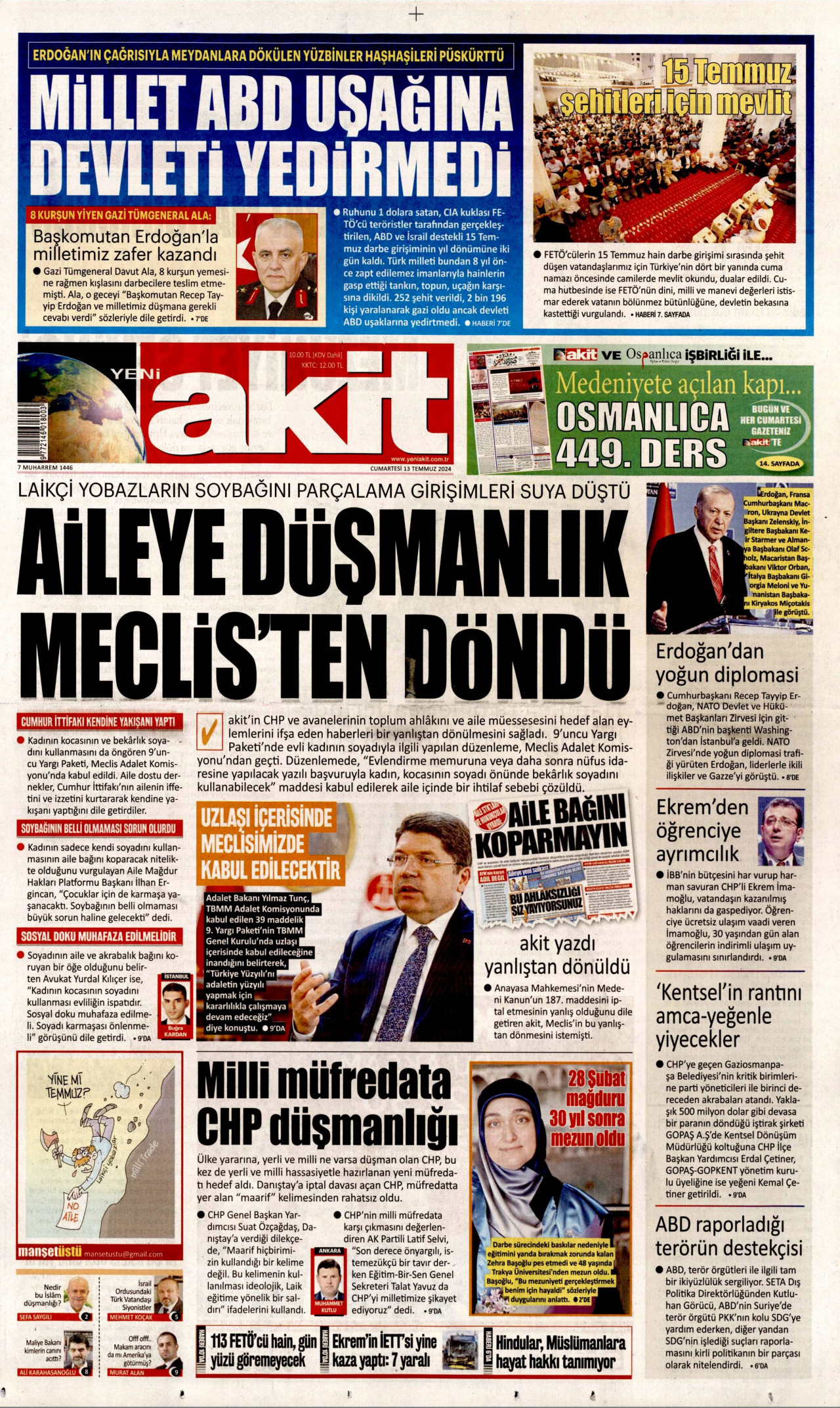 YENİ AKİT gazetesinin 13 Temmuz 2024 tarihli birinci sayfası
