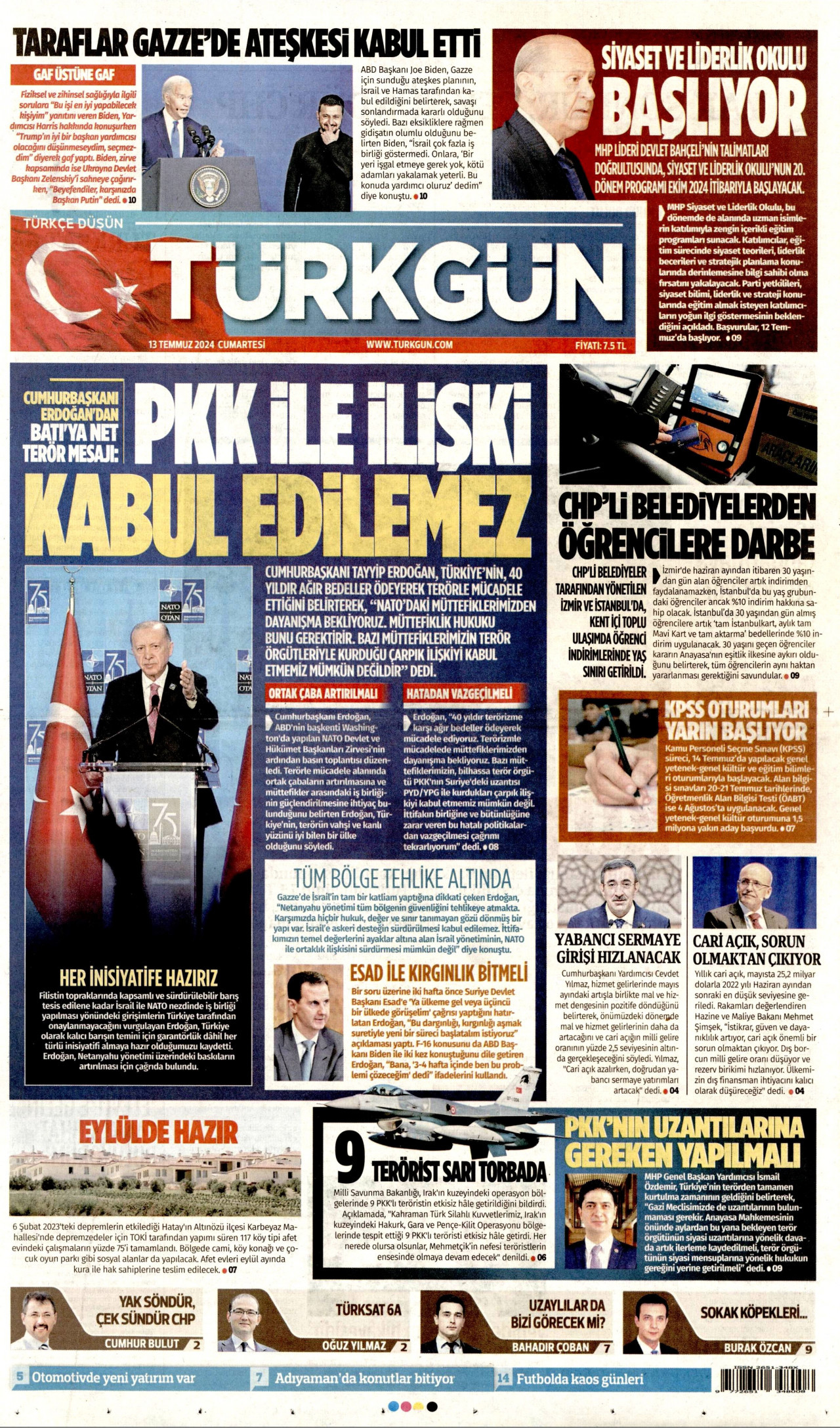 TÜRKGÜN gazetesinin 13 Temmuz 2024 tarihli birinci sayfası