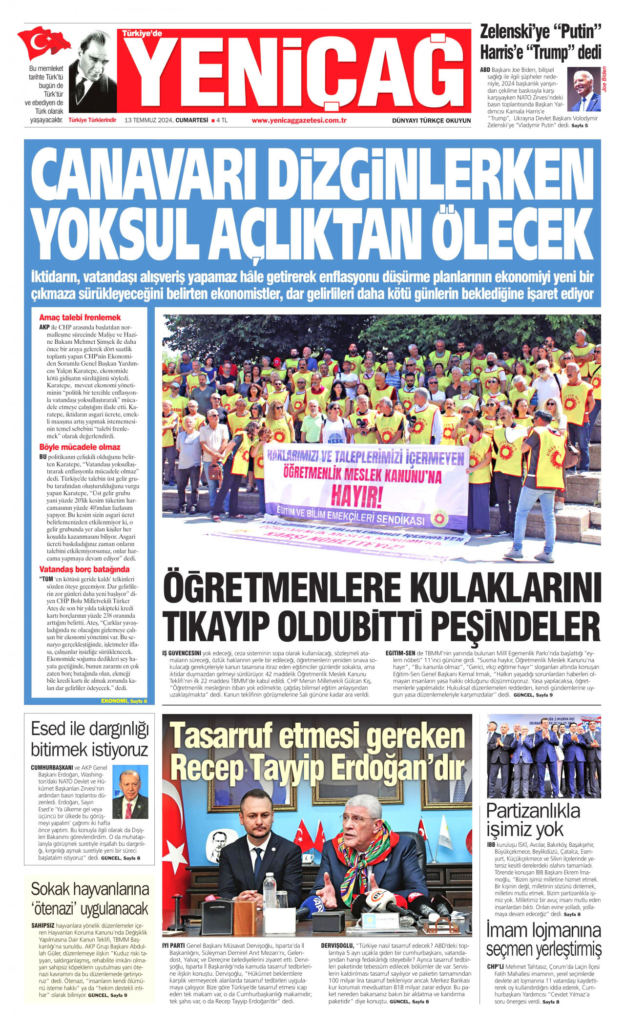 YENİÇAĞ gazetesinin 13 Temmuz 2024 tarihli birinci sayfası