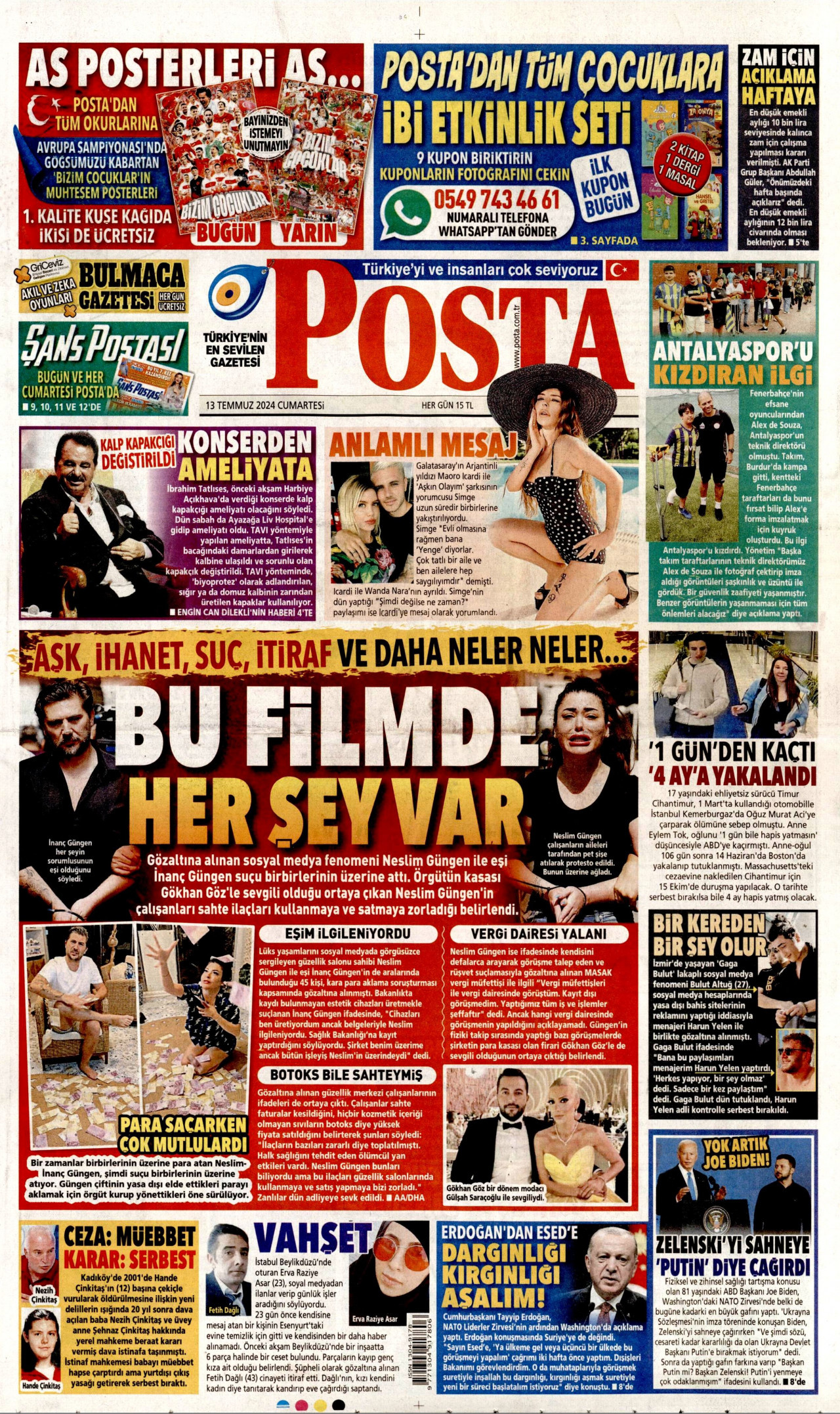 POSTA gazetesinin 13 Temmuz 2024 tarihli birinci sayfası