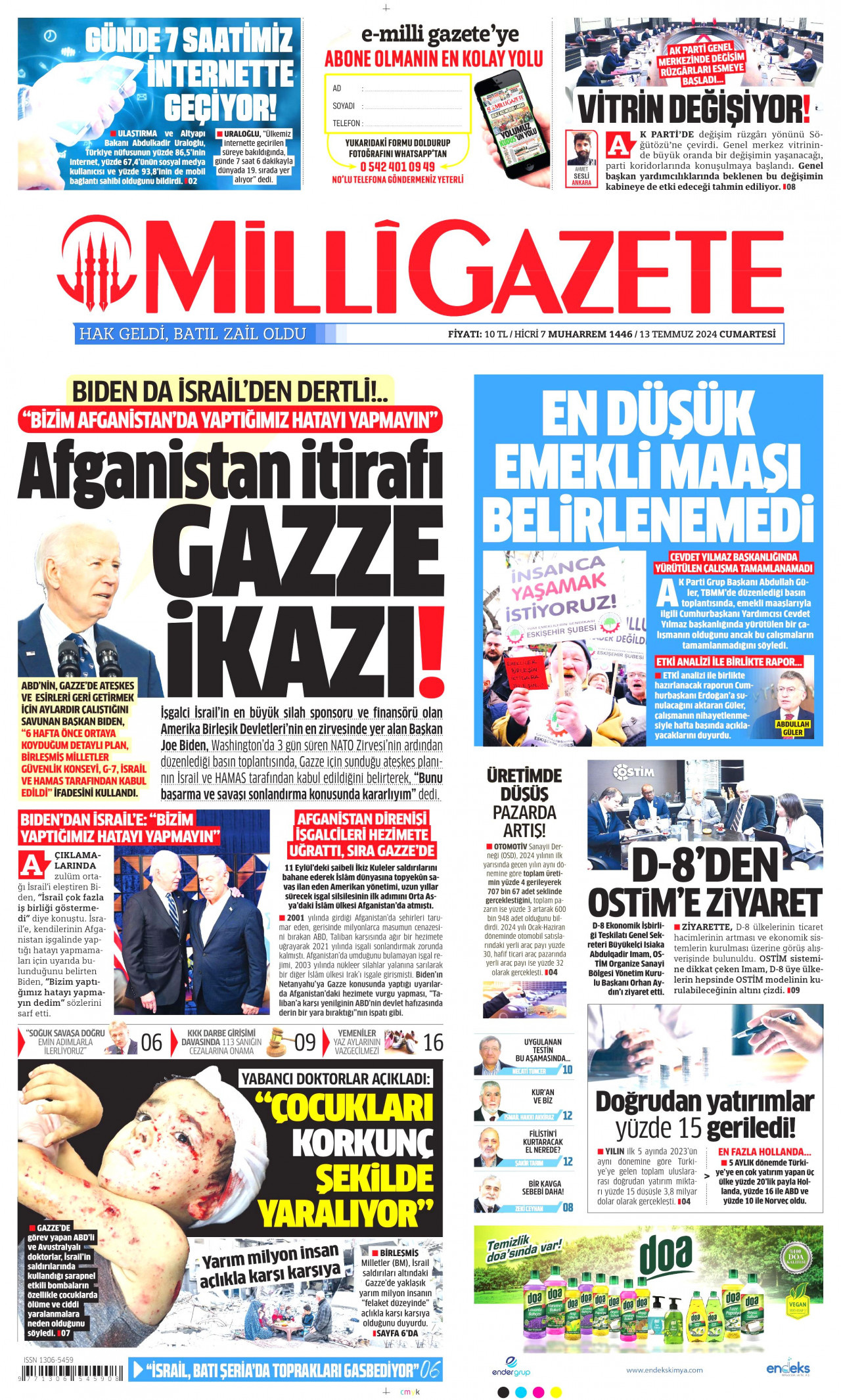 MİLLİ GAZETE gazetesinin 13 Temmuz 2024 tarihli birinci sayfası