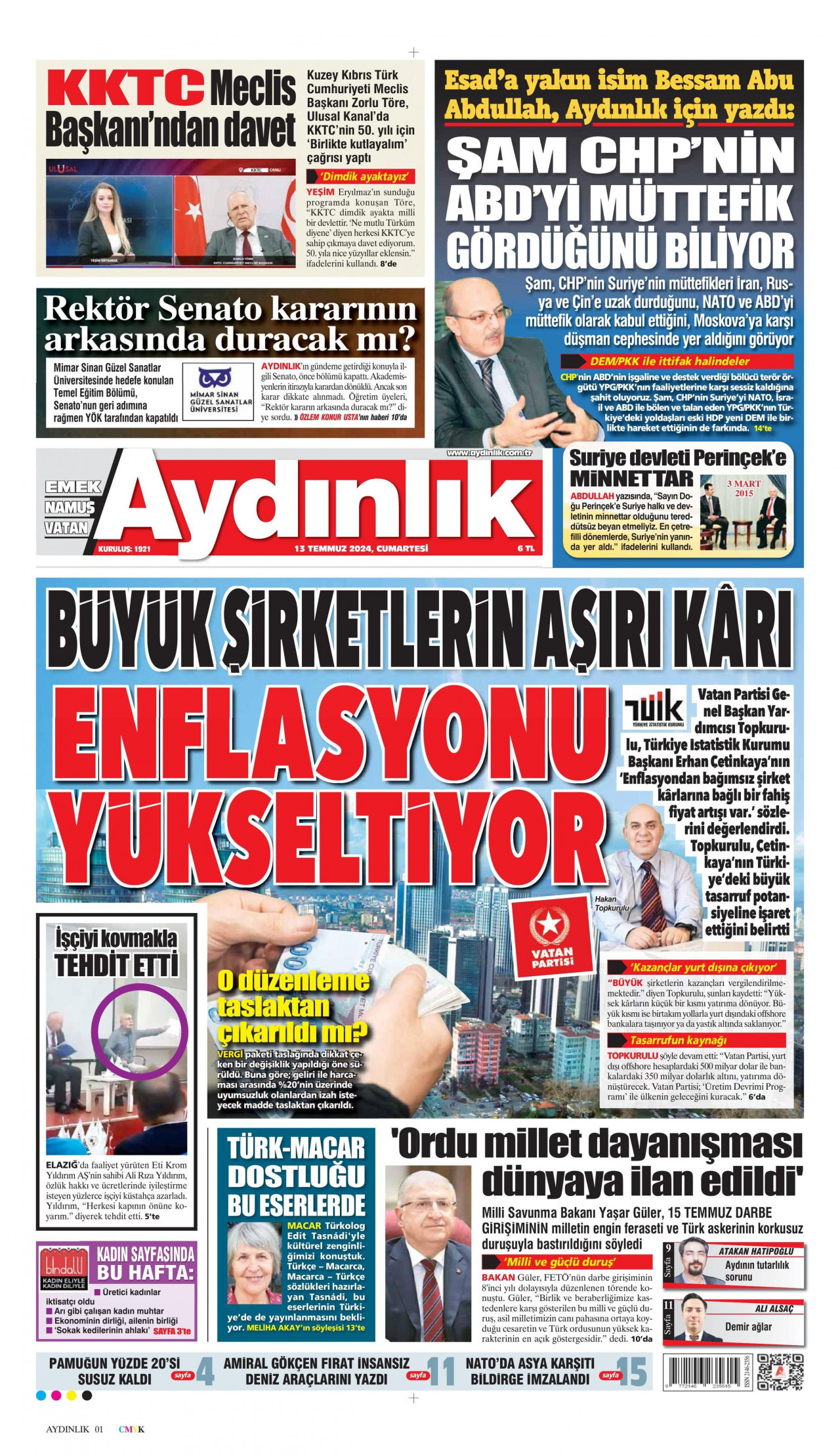 AYDINLIK GAZETESİ gazetesinin 13 Temmuz 2024 tarihli birinci sayfası