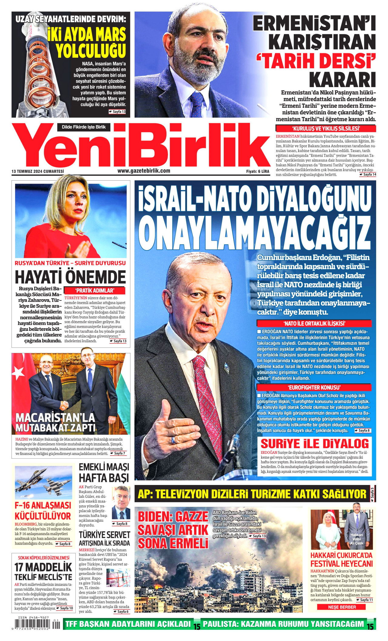 YENİBİRLİK gazetesinin 13 Temmuz 2024 tarihli birinci sayfası