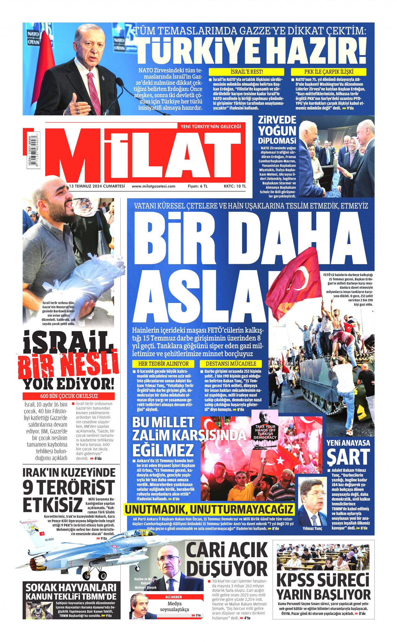 MİLAT gazetesinin 13 Temmuz 2024 tarihli birinci sayfası