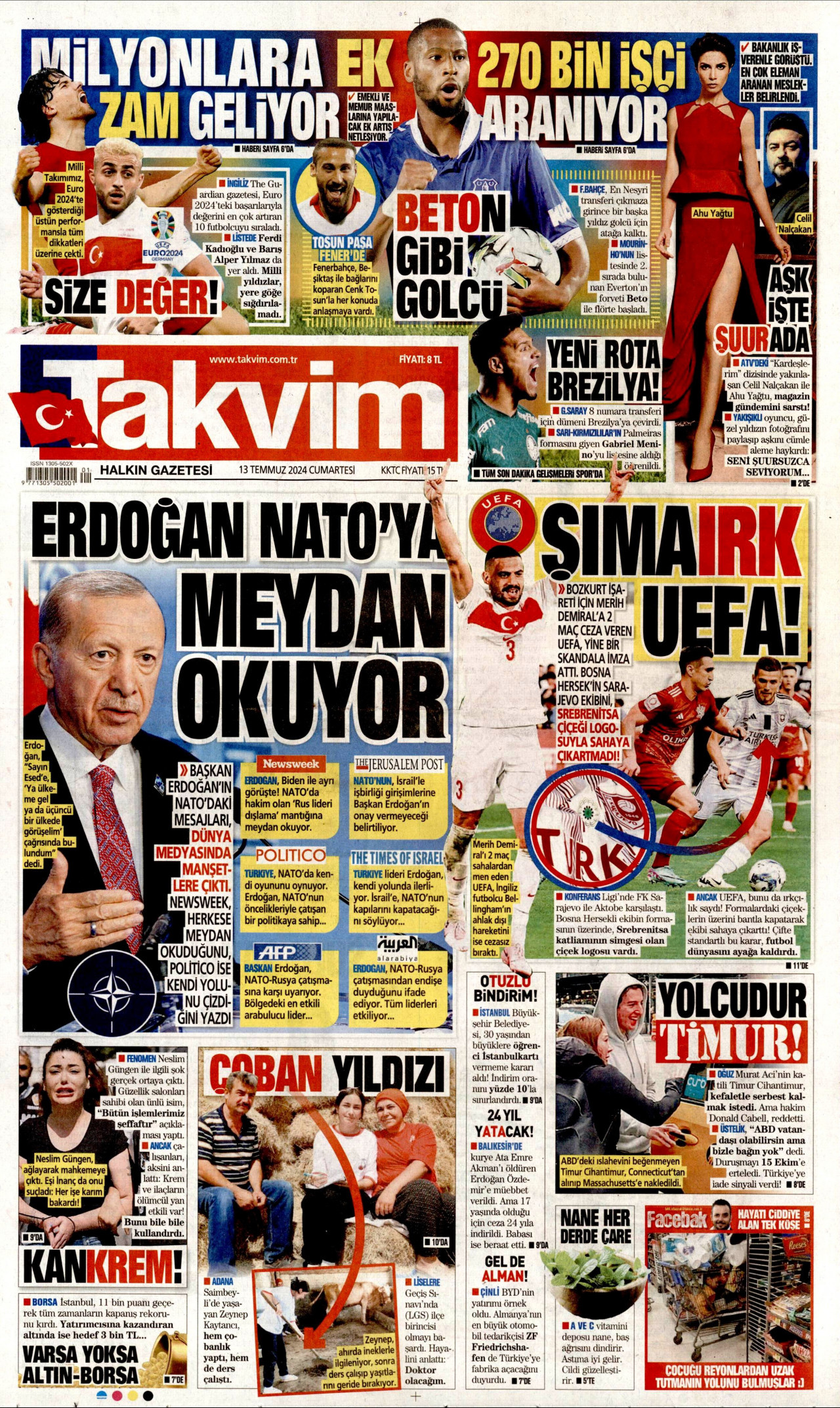 TAKVİM gazetesinin 13 Temmuz 2024 tarihli birinci sayfası