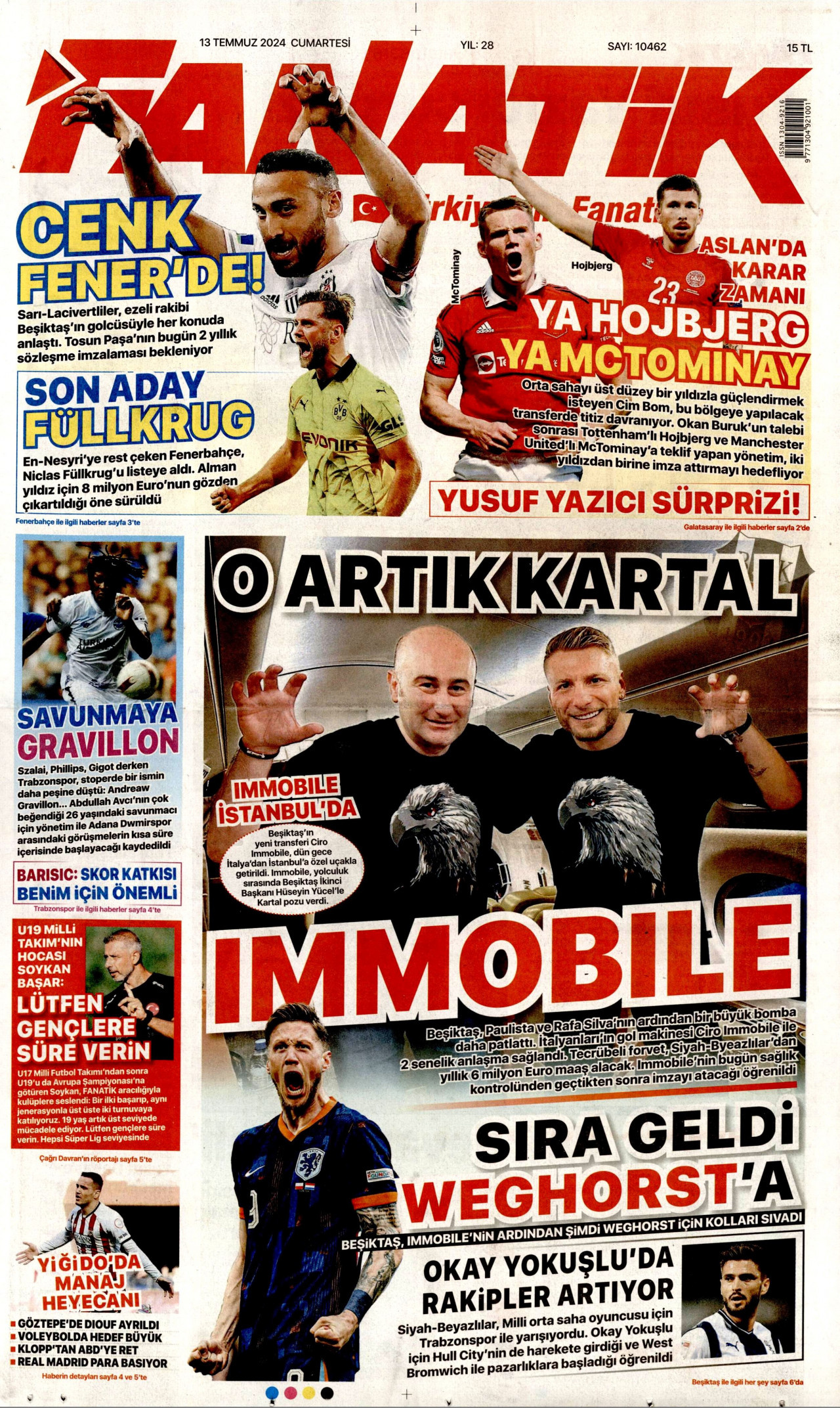 FANATİK gazetesinin 13 Temmuz 2024 tarihli birinci sayfası