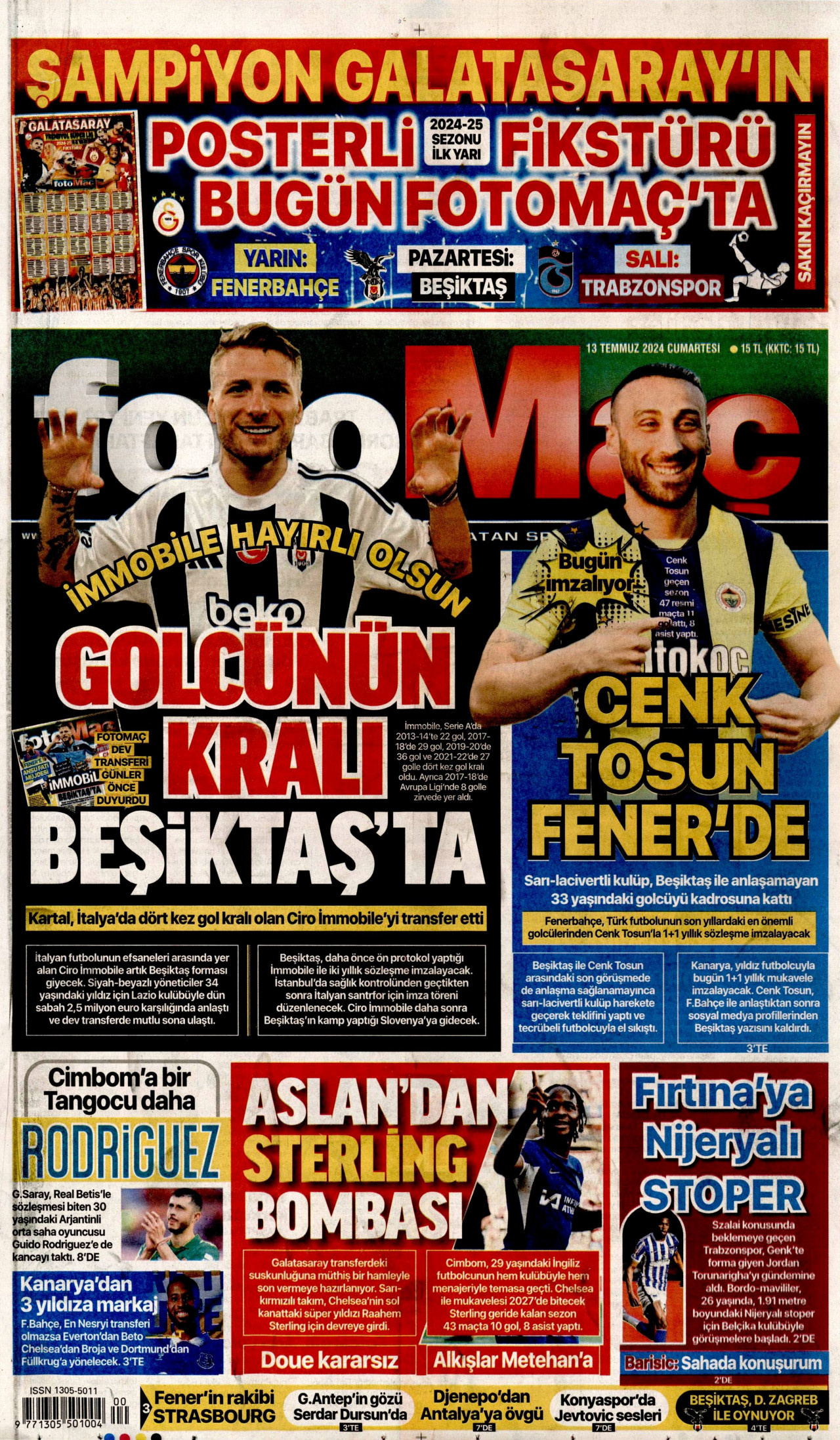 FOTOMAÇ gazetesinin 13 Temmuz 2024 tarihli birinci sayfası
