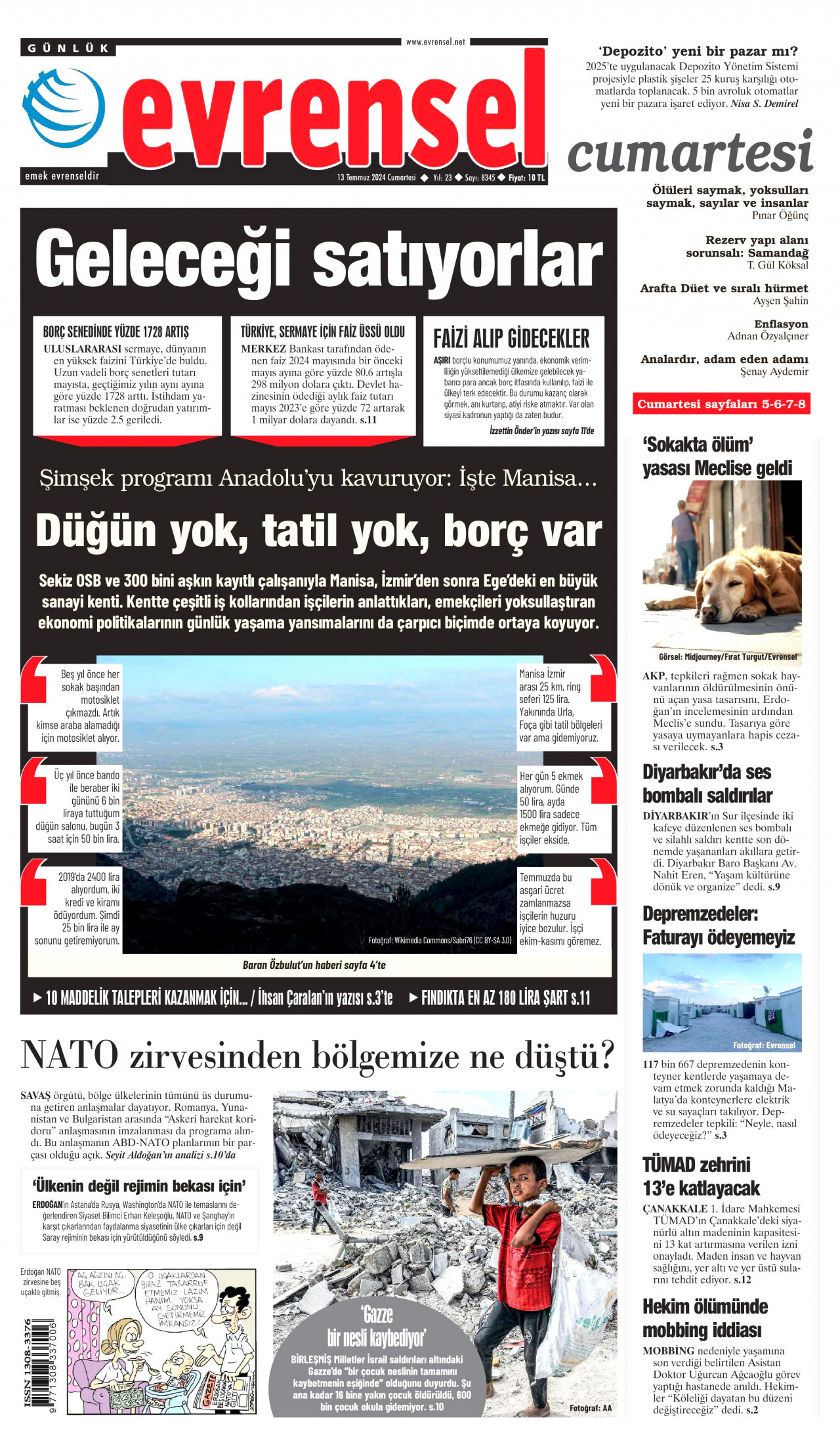 EVRENSEL gazetesinin 13 Temmuz 2024 tarihli birinci sayfası