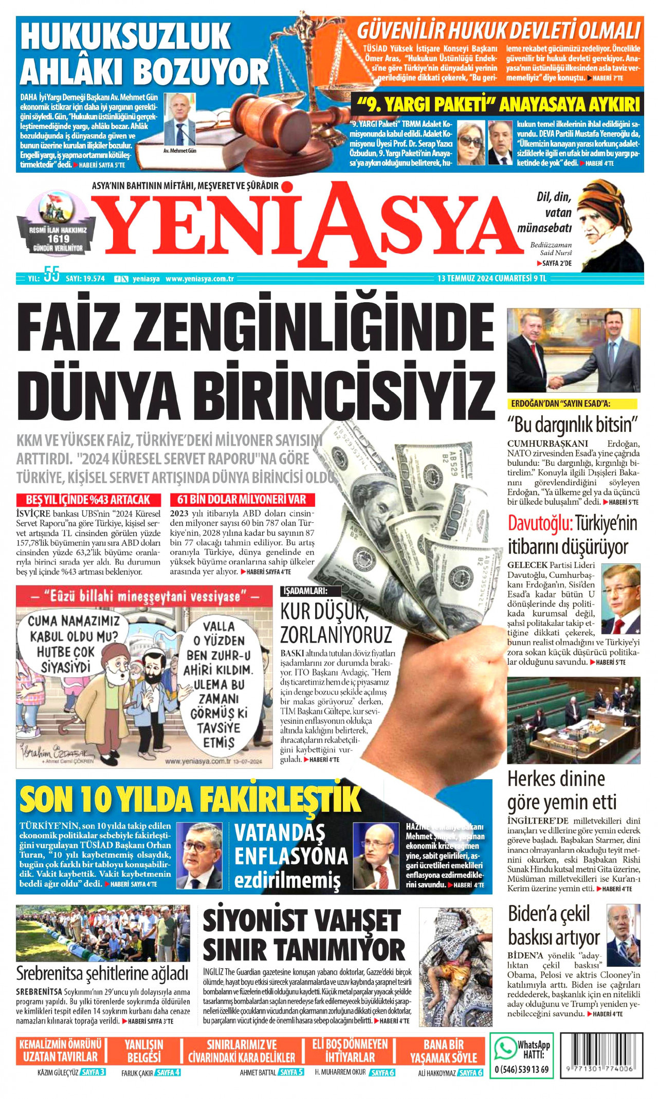 YENİ ASYA gazetesinin 13 Temmuz 2024 tarihli birinci sayfası