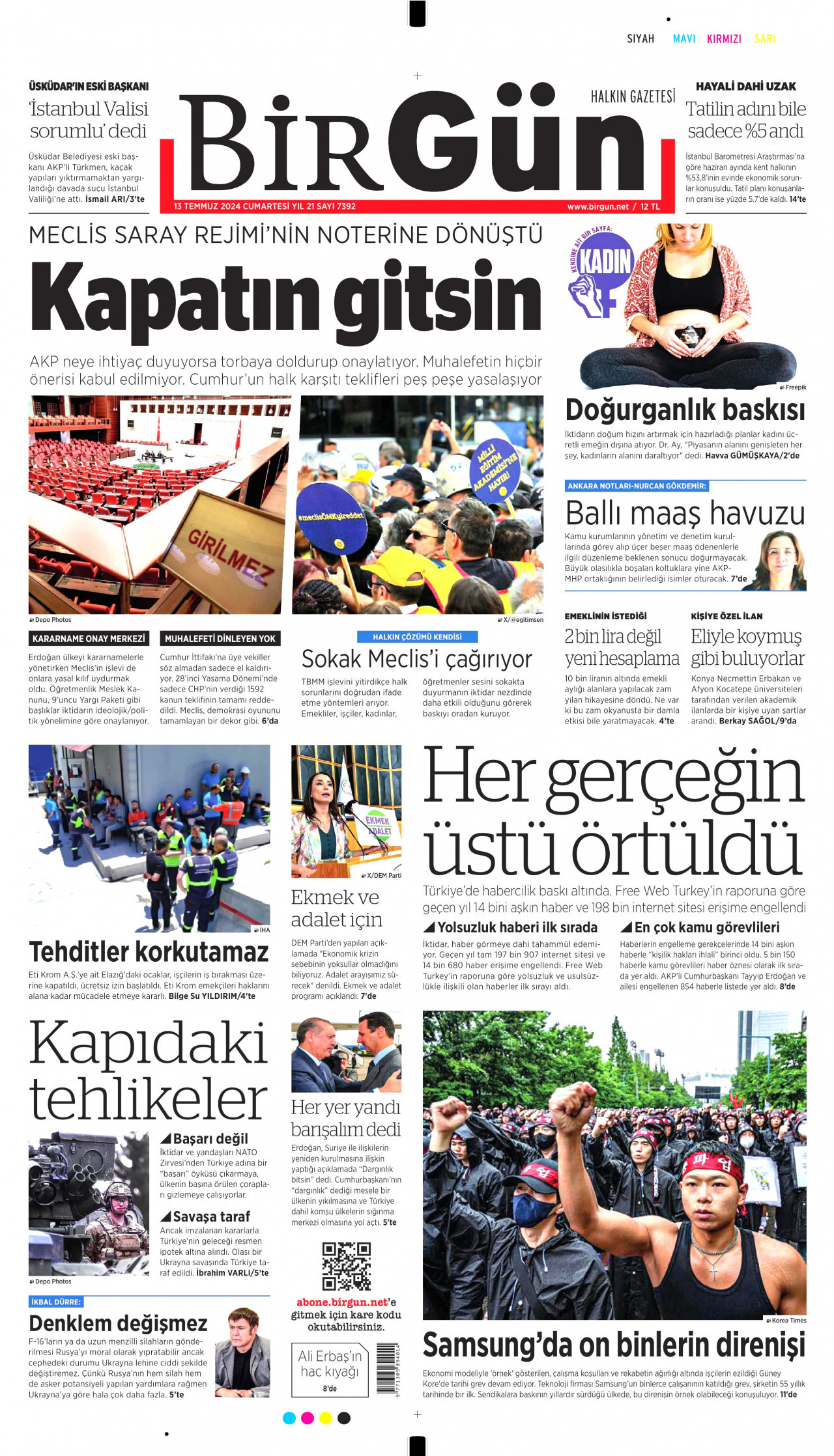 BİRGÜN gazetesinin 13 Temmuz 2024 tarihli birinci sayfası