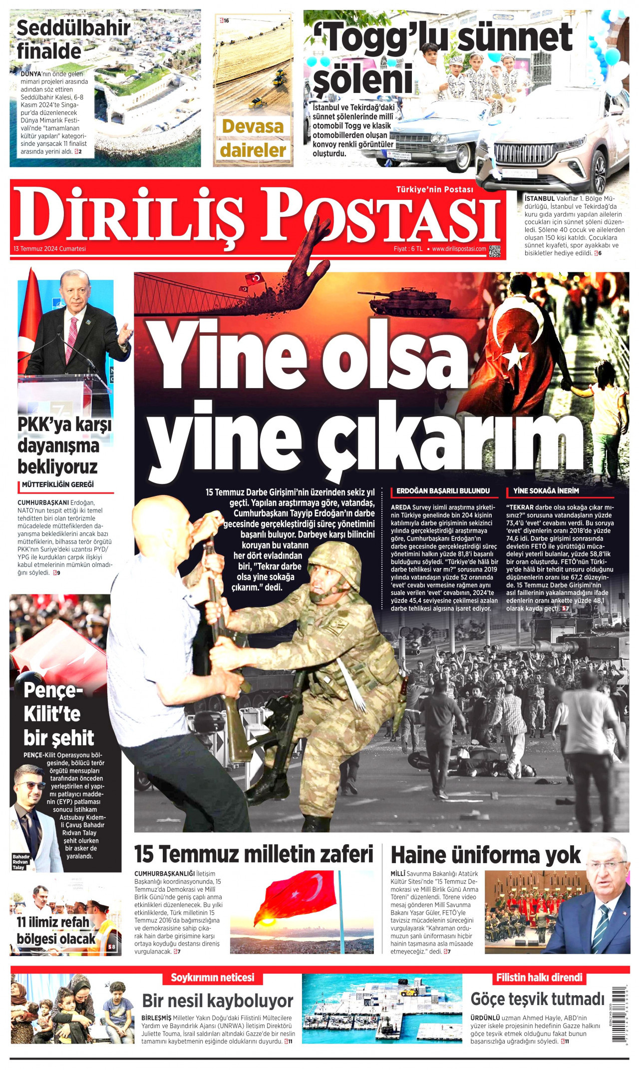 DİRİLİŞ POSTASI gazetesinin 13 Temmuz 2024 tarihli birinci sayfası