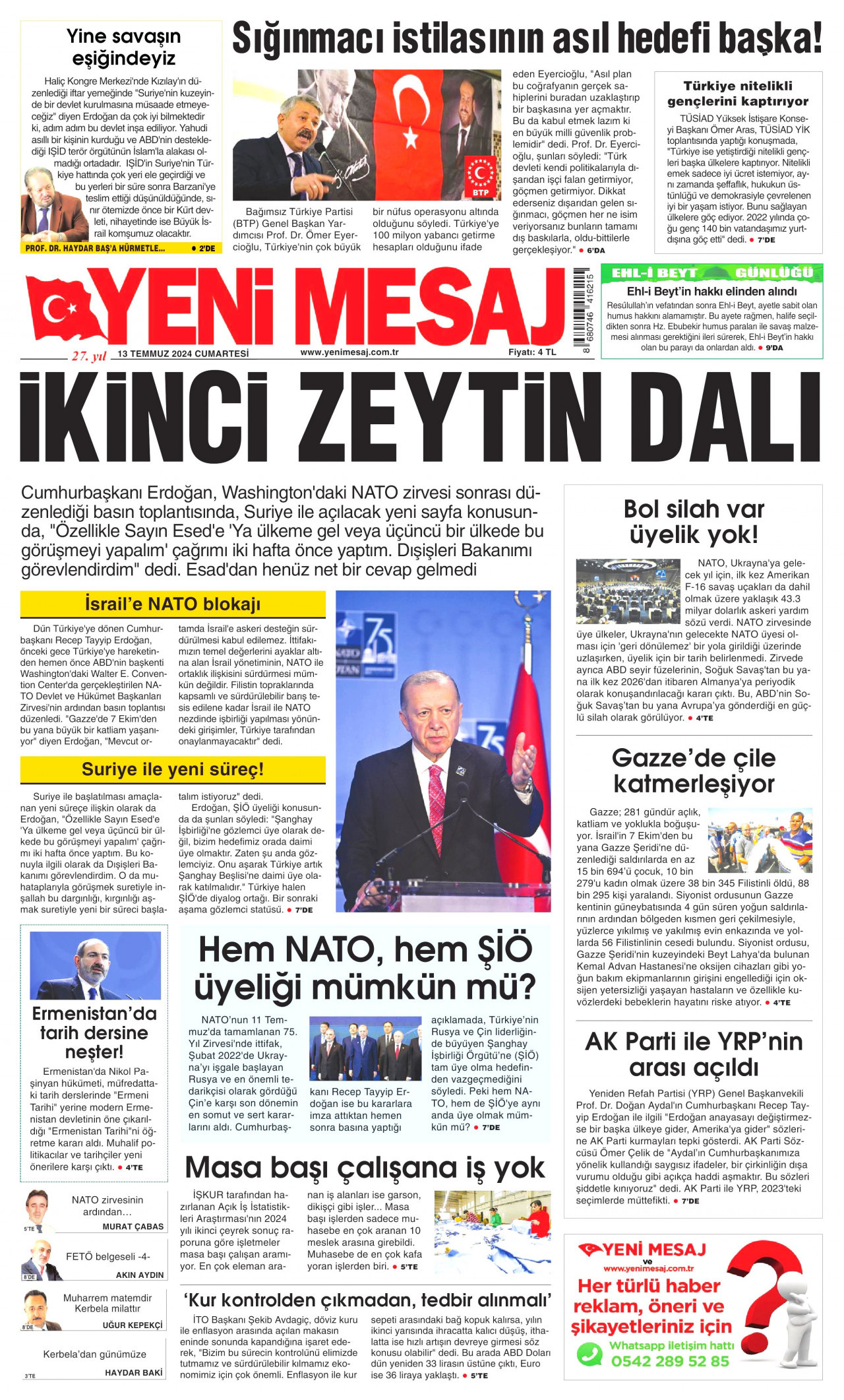 YENİ MESAJ gazetesinin 13 Temmuz 2024 tarihli birinci sayfası