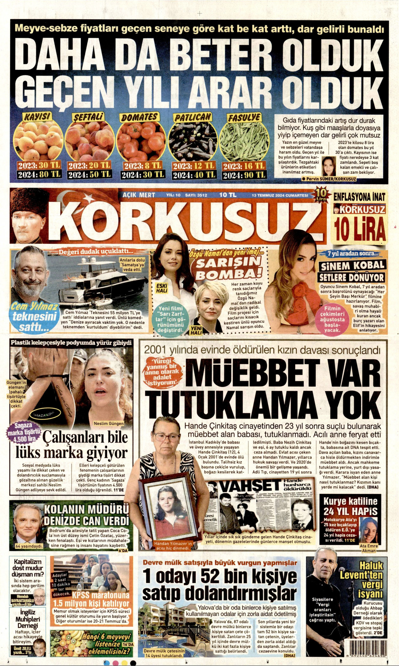 KORKUSUZ gazetesinin 13 Temmuz 2024 tarihli birinci sayfası