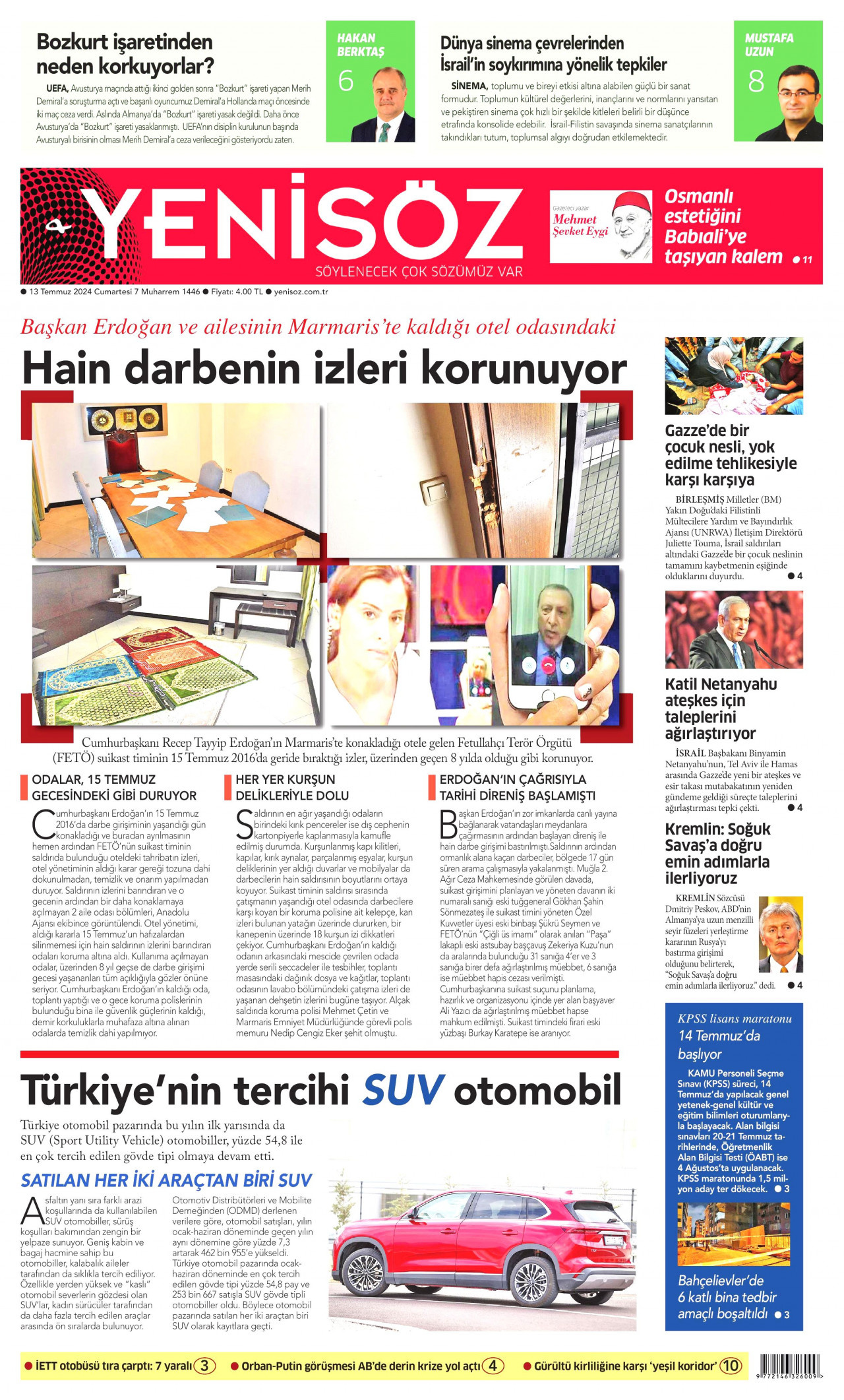 YENİ SÖZ GAZETESİ gazetesinin 13 Temmuz 2024 tarihli birinci sayfası