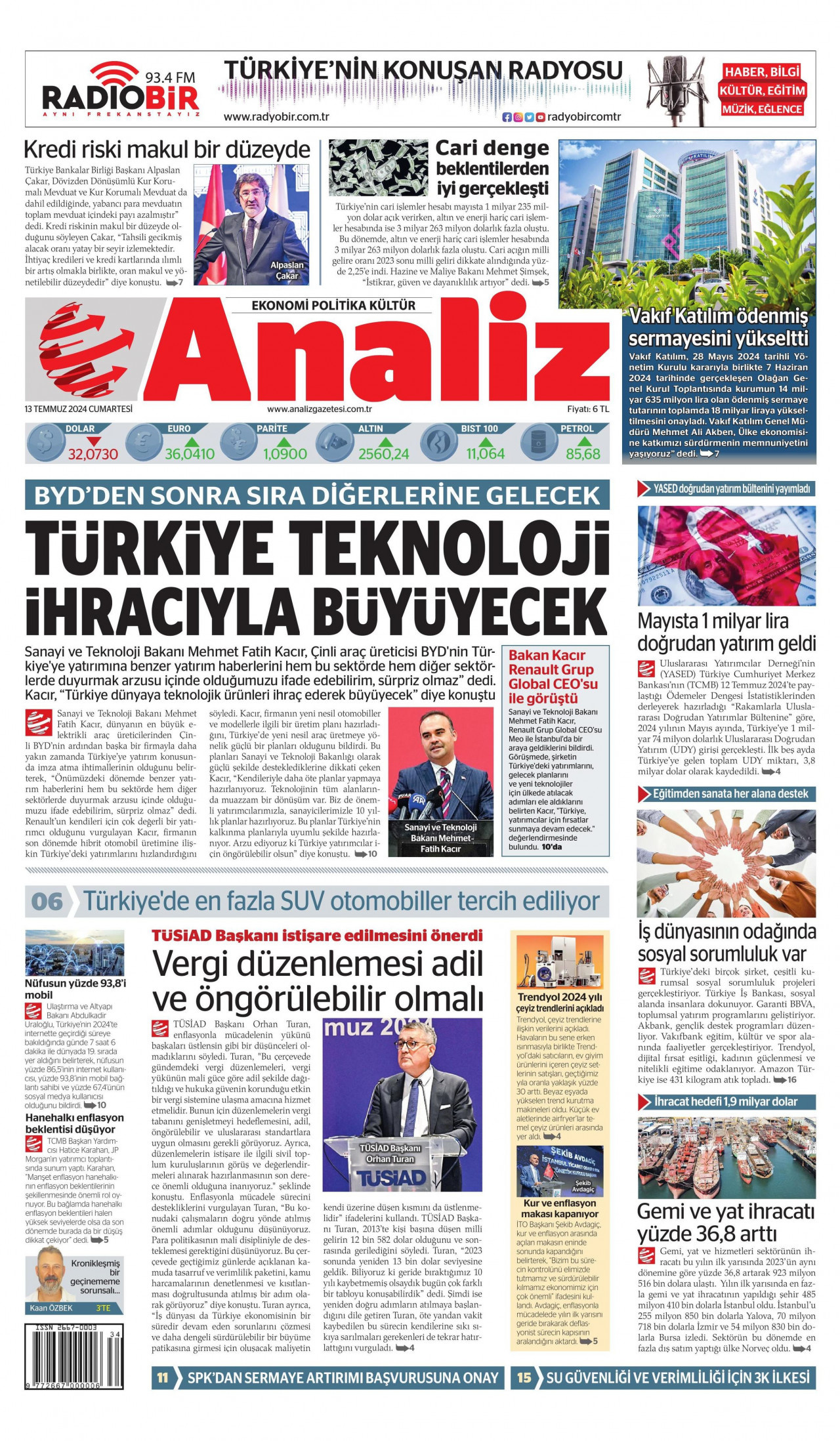 ANALİZ gazetesinin 13 Temmuz 2024 tarihli birinci sayfası
