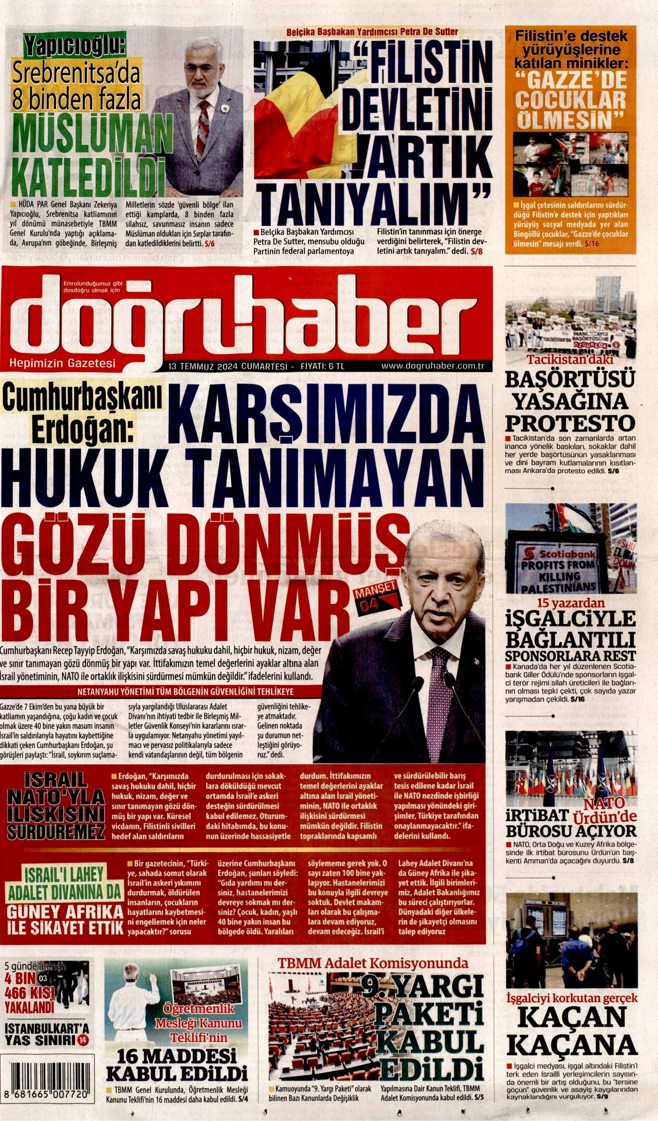 DOĞRU HABER gazetesinin 13 Temmuz 2024 tarihli birinci sayfası