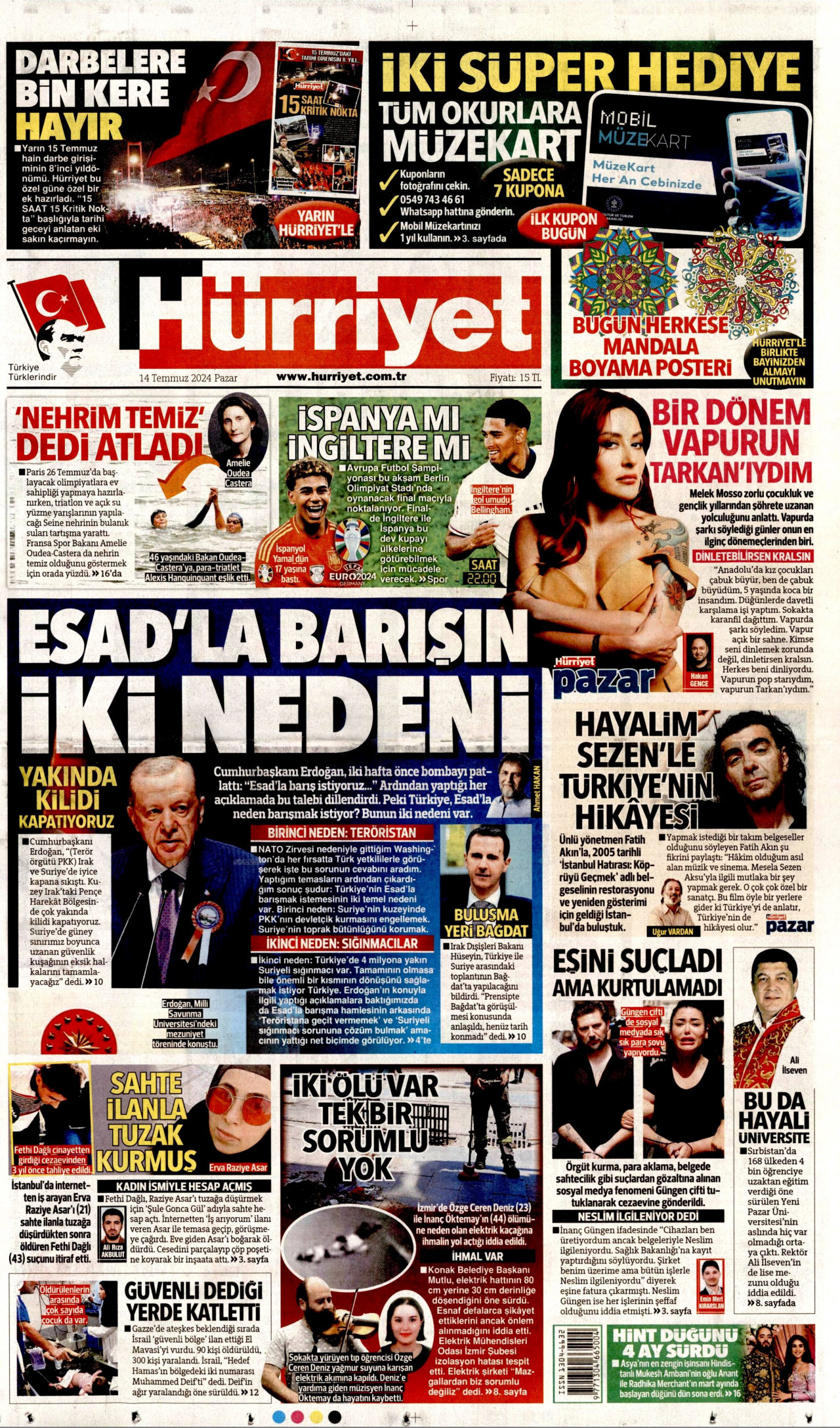 HÜRRİYET gazetesinin 14 Temmuz 2024 tarihli birinci sayfası