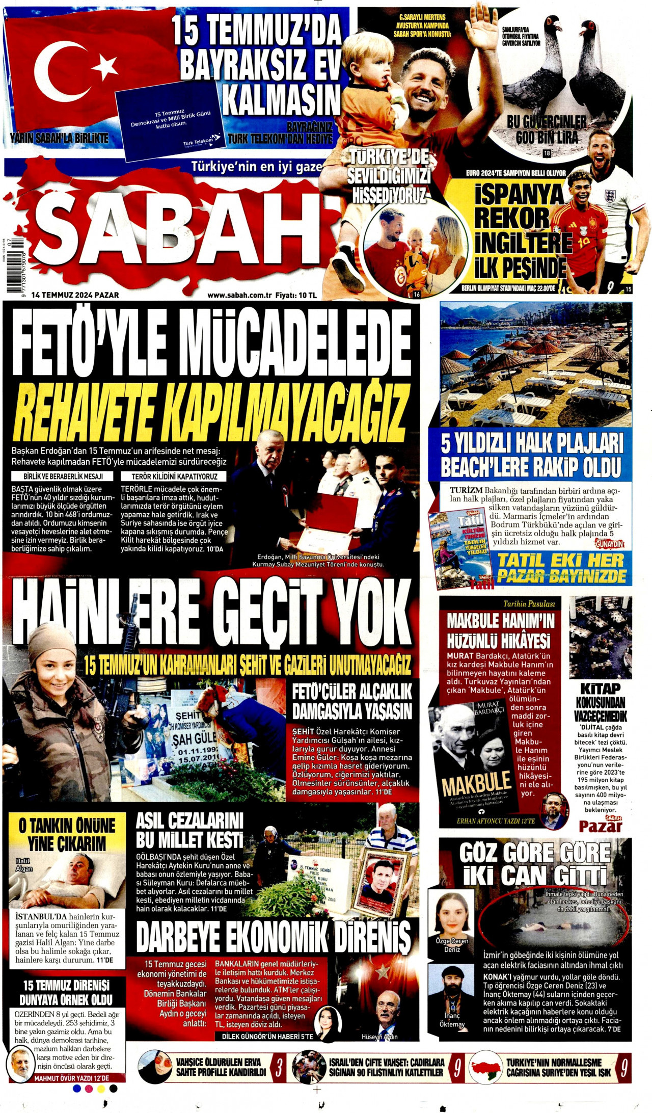 SABAH gazetesinin 14 Temmuz 2024 tarihli birinci sayfası