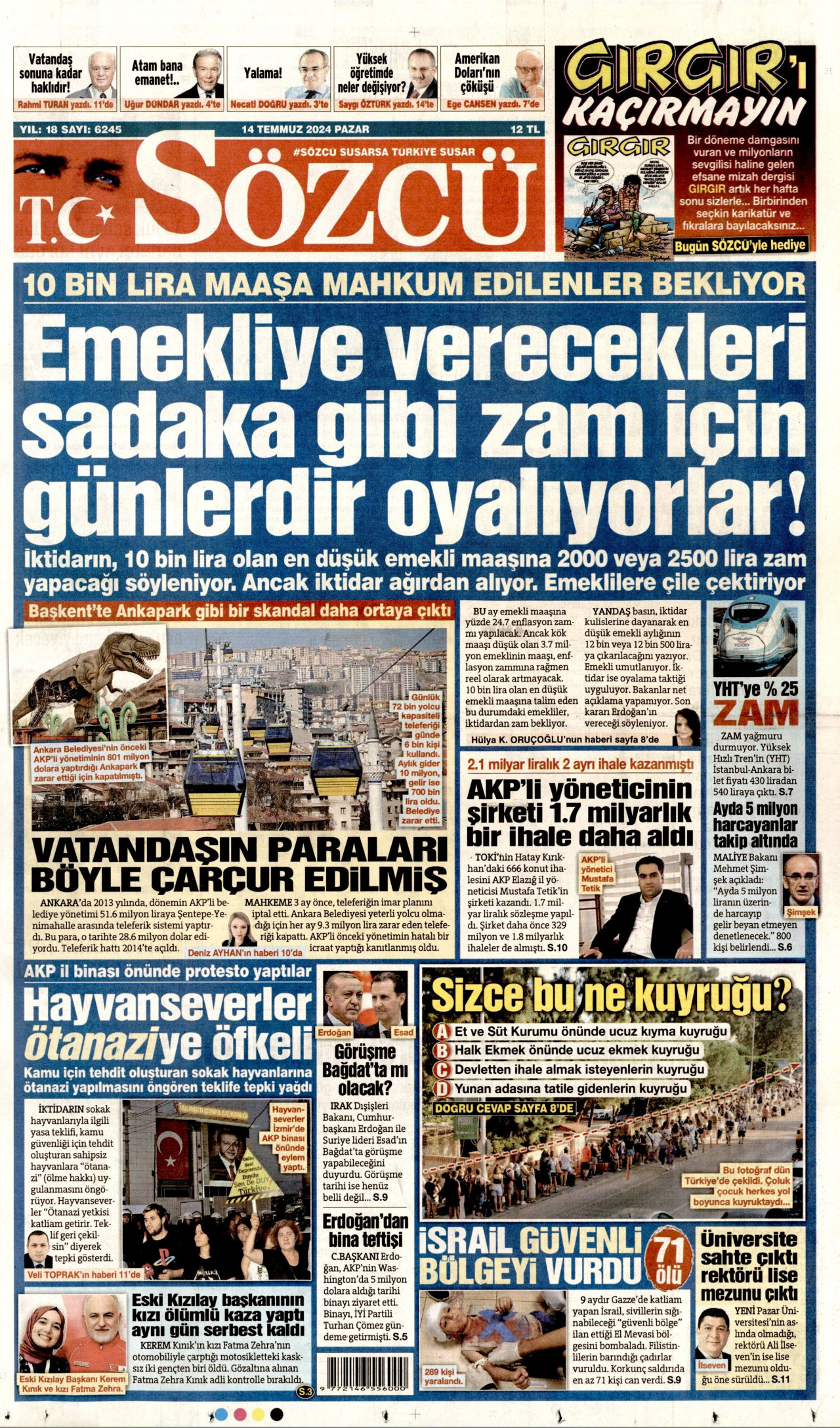 SÖZCÜ gazetesinin 14 Temmuz 2024 tarihli birinci sayfası